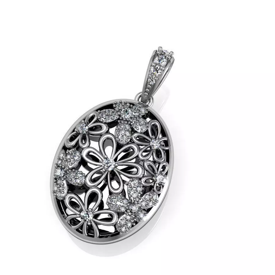 pendant oval with flowers and diamonds 3D print model