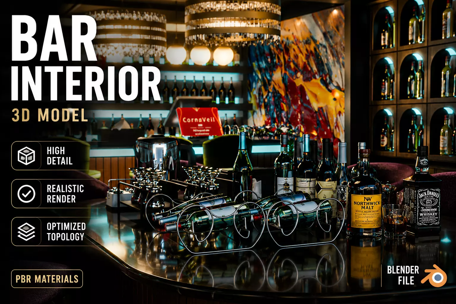 Bar Interior with alcohol and glasses 3D model 3D model