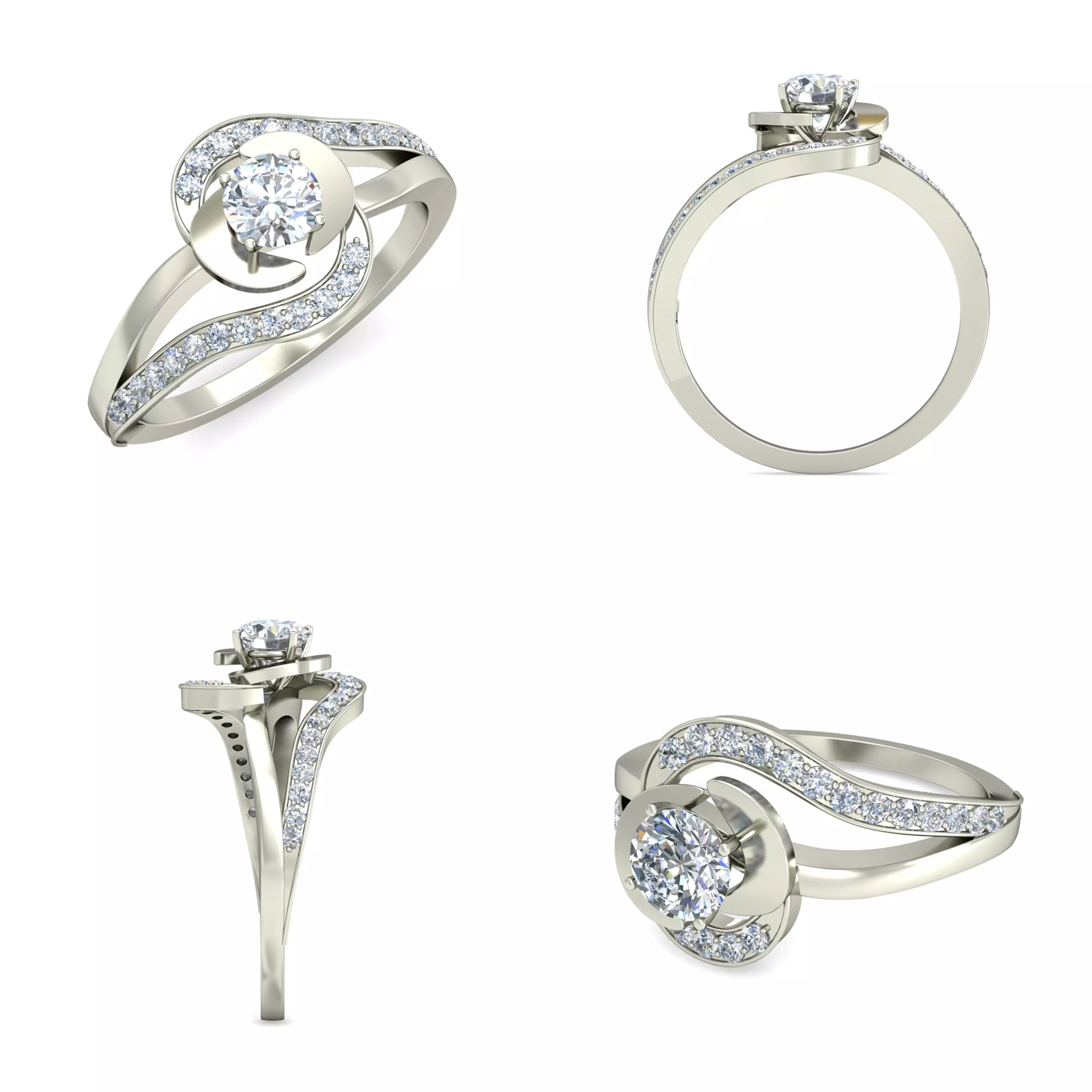 Modern Swirl Solitaire Diamond Ring 3D CAD Model for Women 3D print model