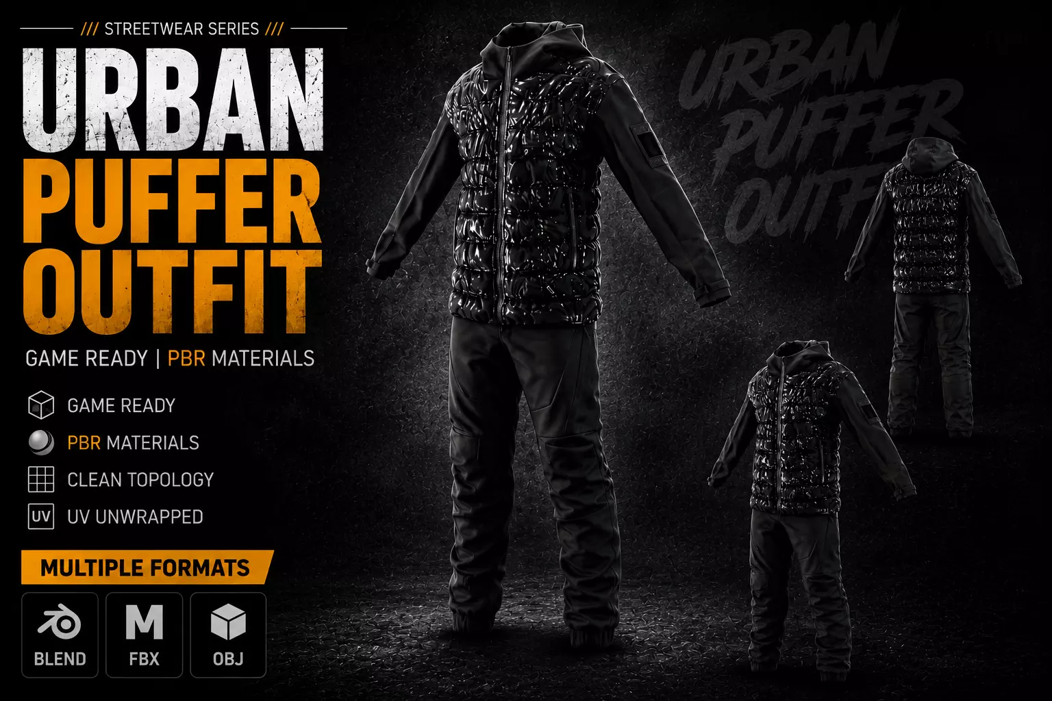 Game Ready Urban Puffer Outfit PBR Clothing Set Low-poly 3D model