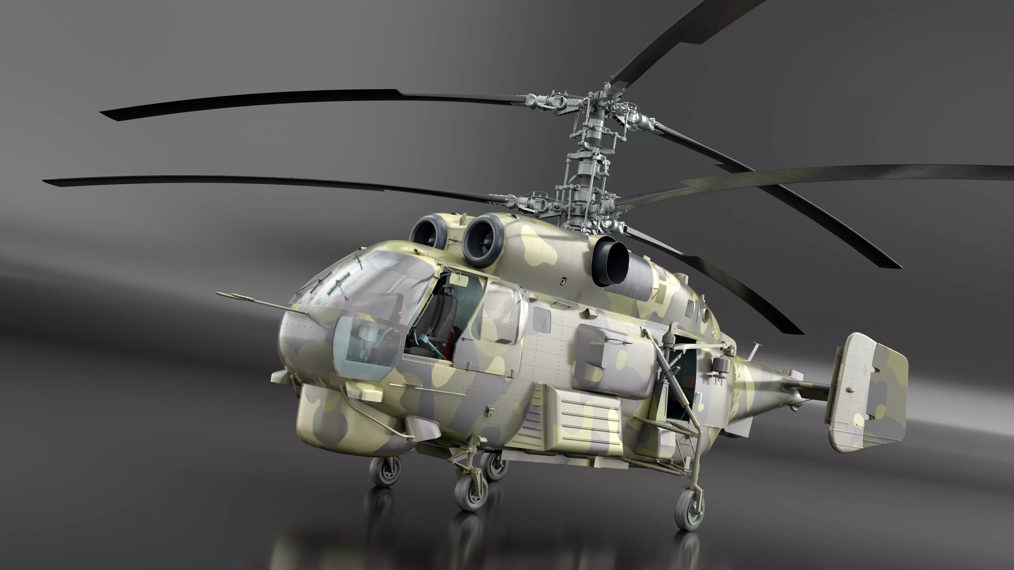 Camo Twin Rotor Military Helicopter with Interior Rigged 3D model