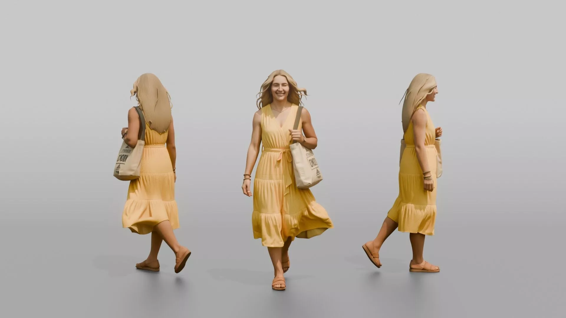 Scandinavian Woman Walking in a Yellow Summer Dress 3D model