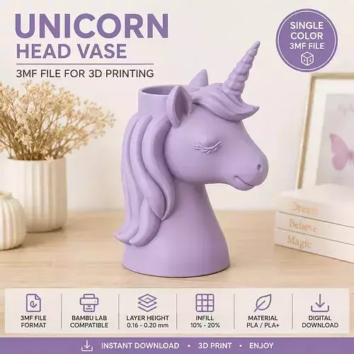 Unicorn Head Vase 3D Printable Model 3MF for Bambu Lab