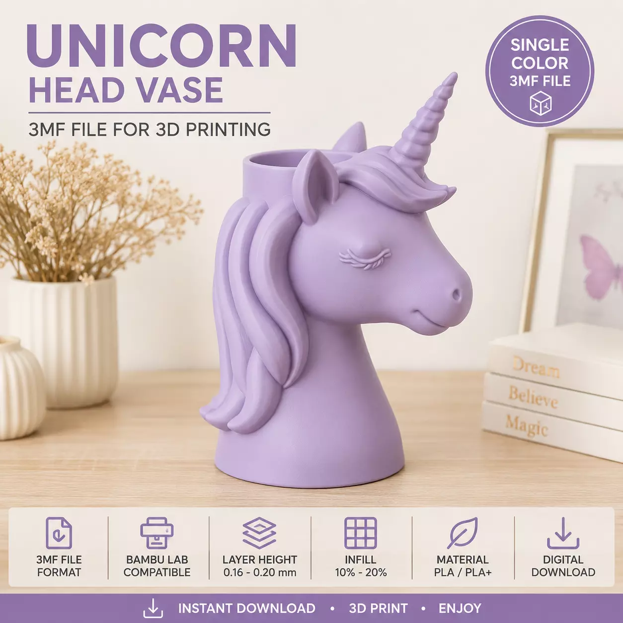 Unicorn Head Vase 3D Printable Model 3MF for Bambu Lab 3D print model