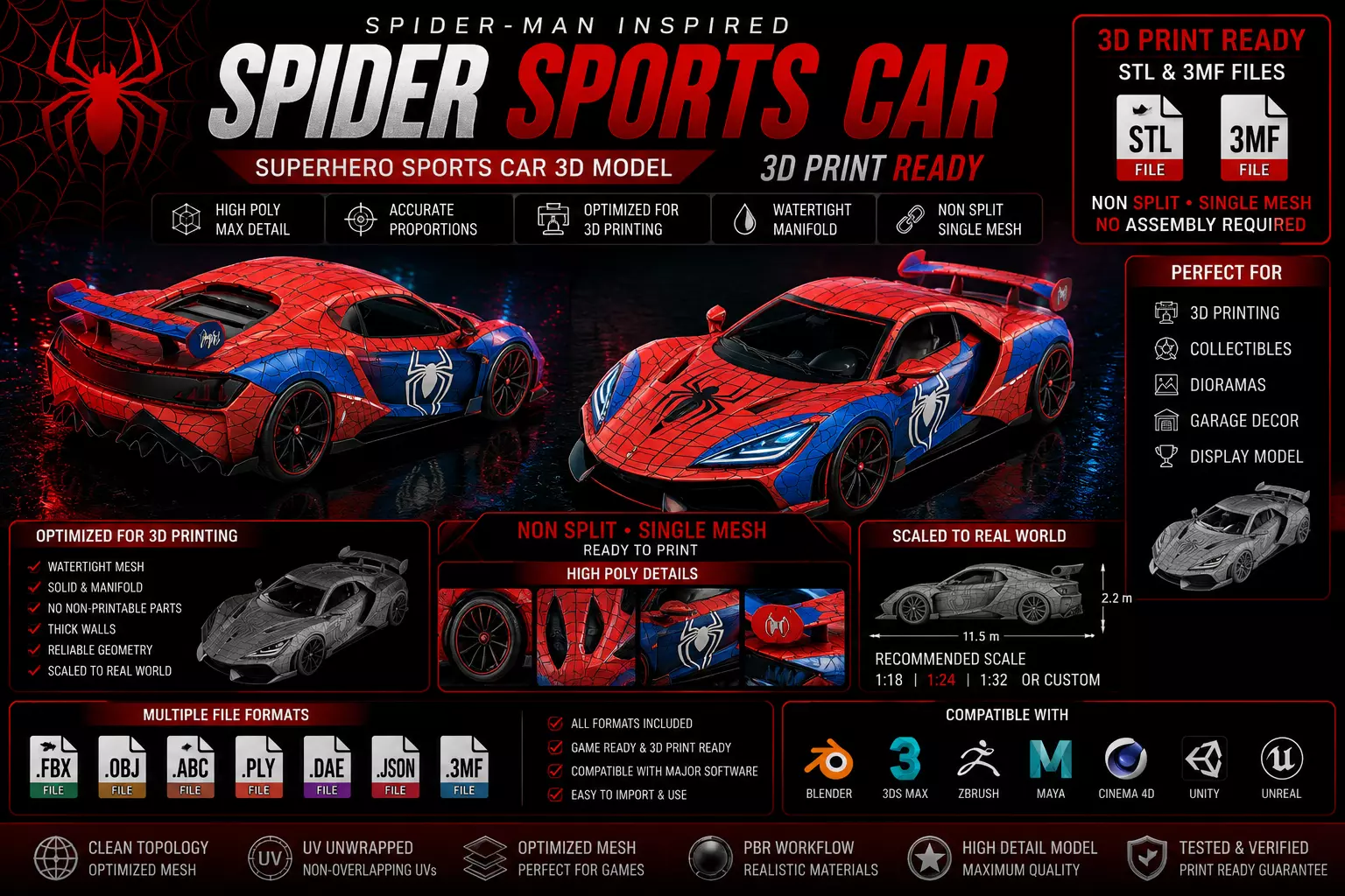 High Poly SpiderMan Classic Sports Car 3DModel STL 3MF Printable 3D print model