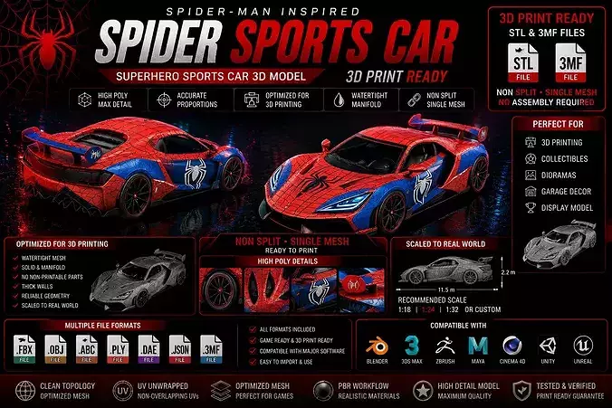 High Poly SpiderMan Classic Sports Car 3DModel STL 3MF Printable