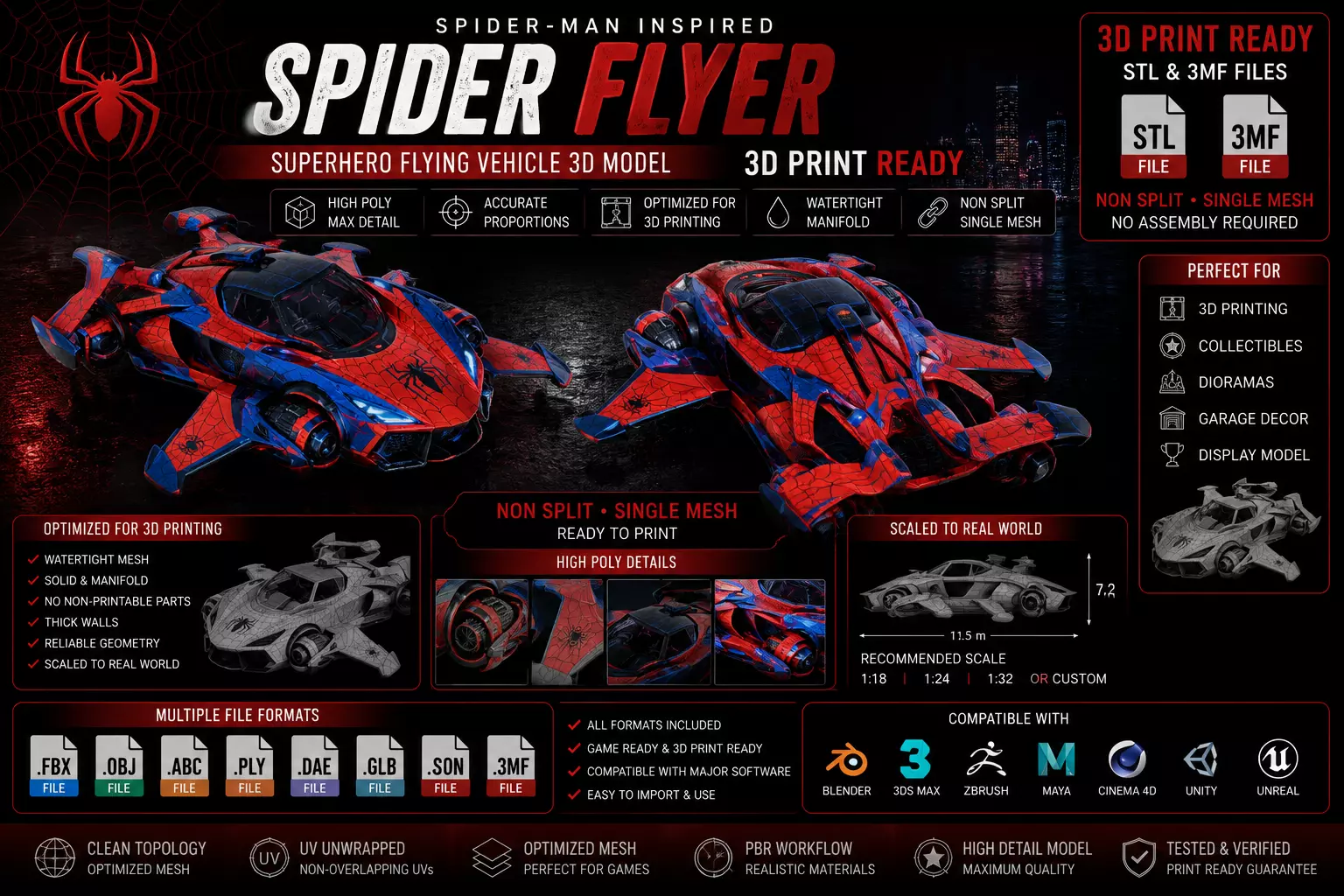 High Poly SpiderMan SciFi Flying Car 3DModel STL 3MF Printable 3D print model