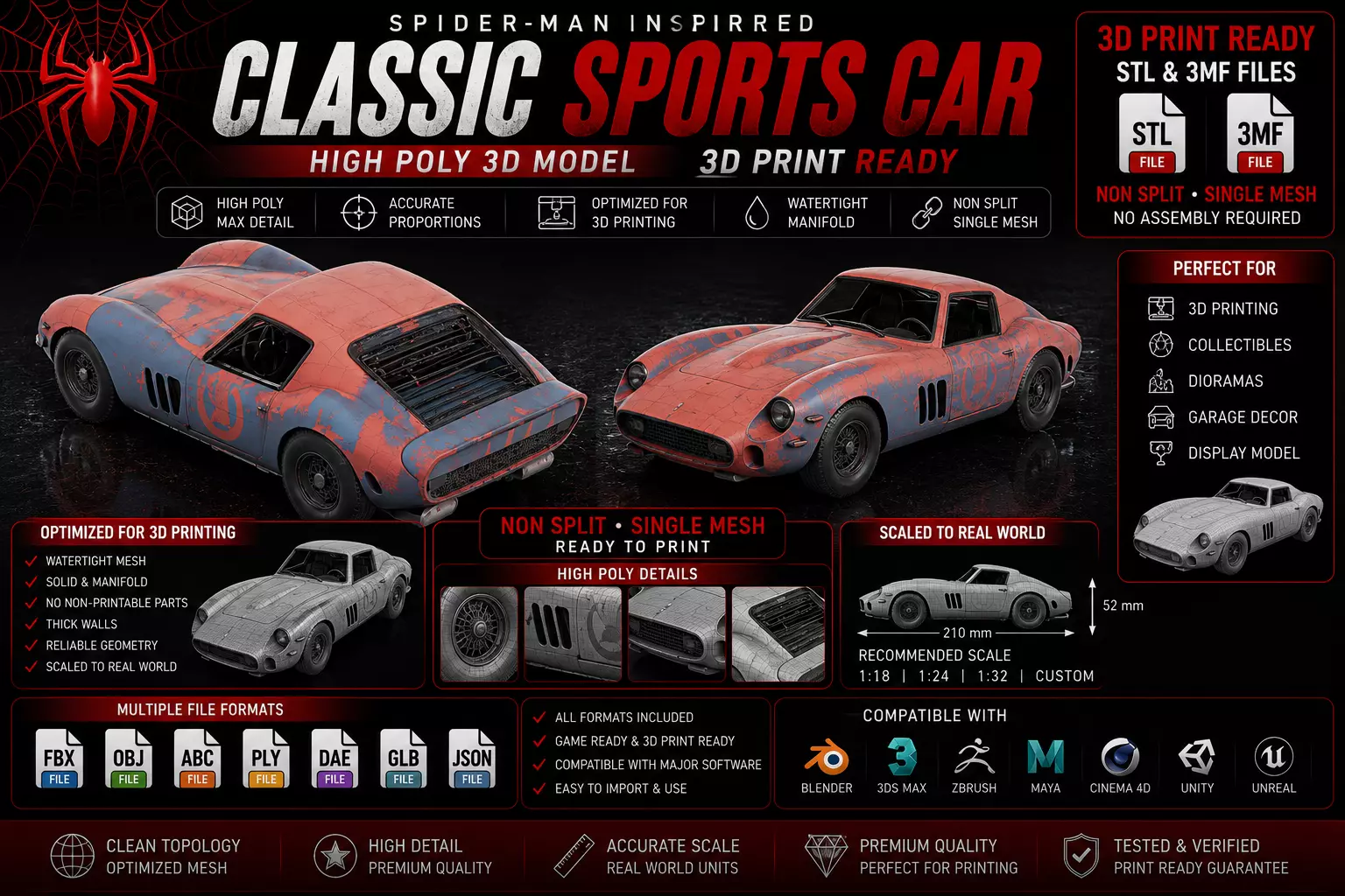 High Poly SpiderMan Classic Sports Car 3DModel STL 3MF Printable 3D print model