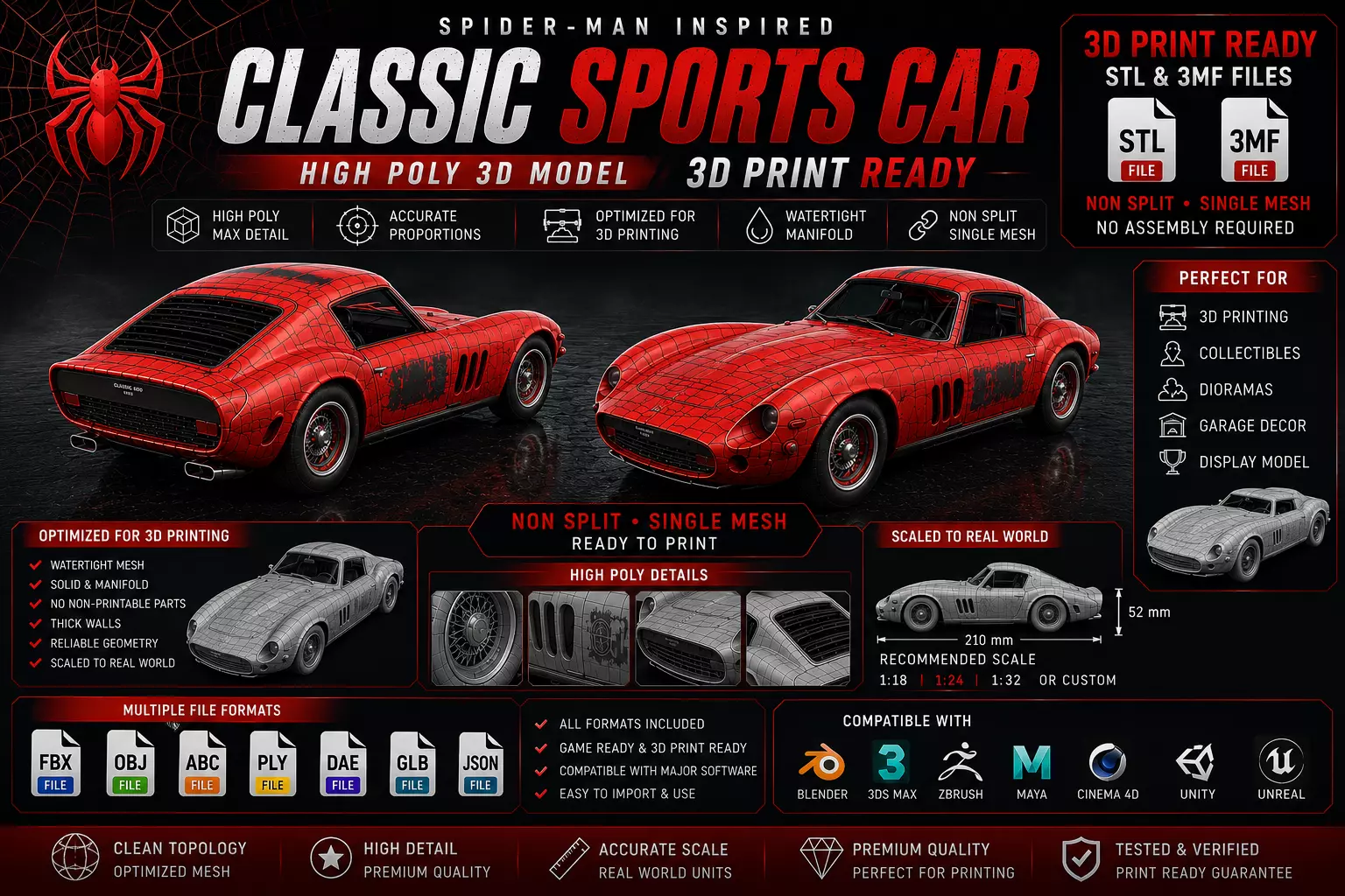 High Poly SpiderMan Classic Sports Car 3DModel STL 3MF Printable 3D print model