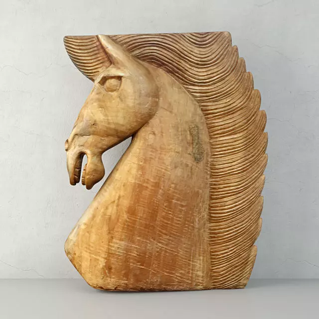 Large Wood Carved Horse Head 3D model_0