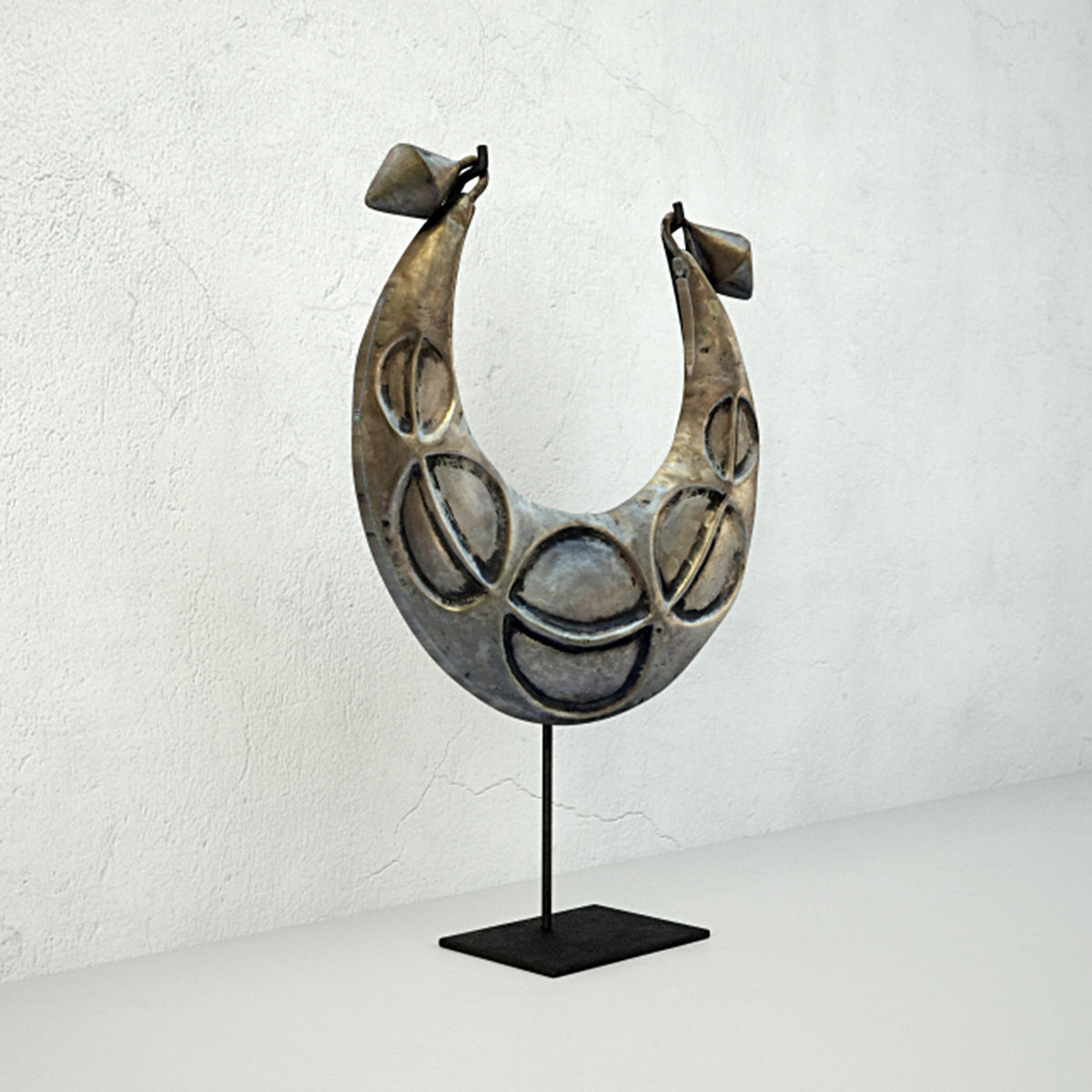 Vintage Tribal Metal Necklace on Black Stand 3D model_2