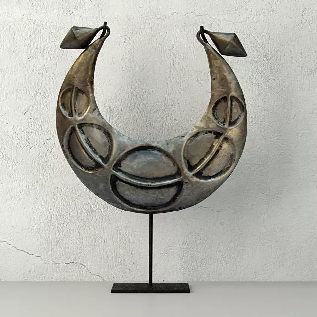 Vintage Tribal Metal Necklace on Black Stand 3D model_0