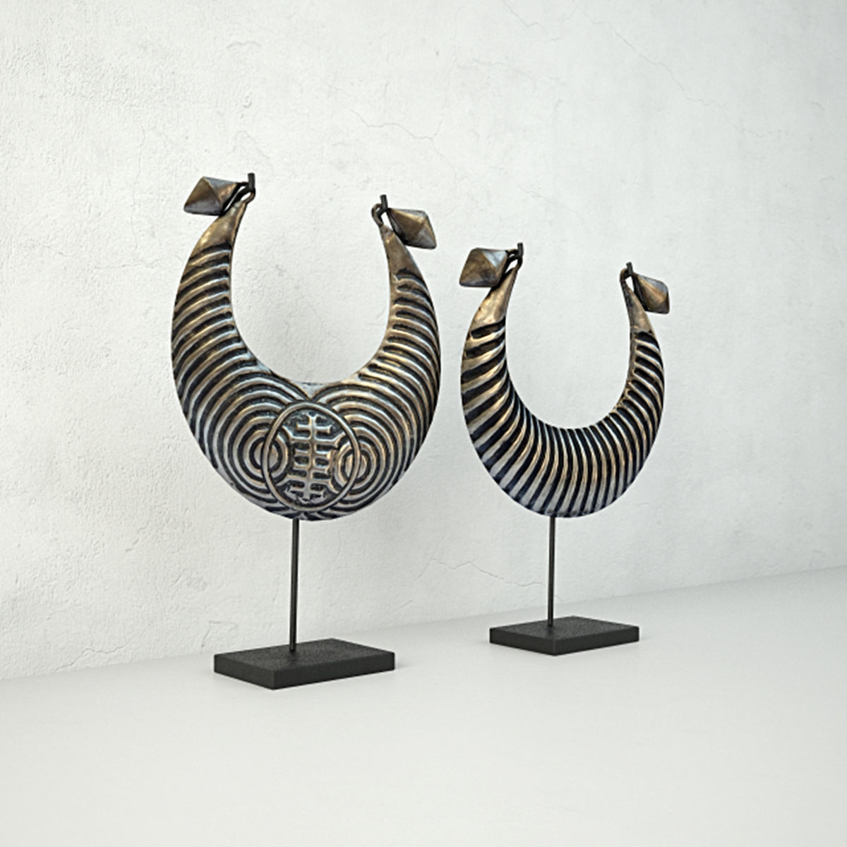 Vintage Tribal Metal Necklaces on Stand 3D model_2