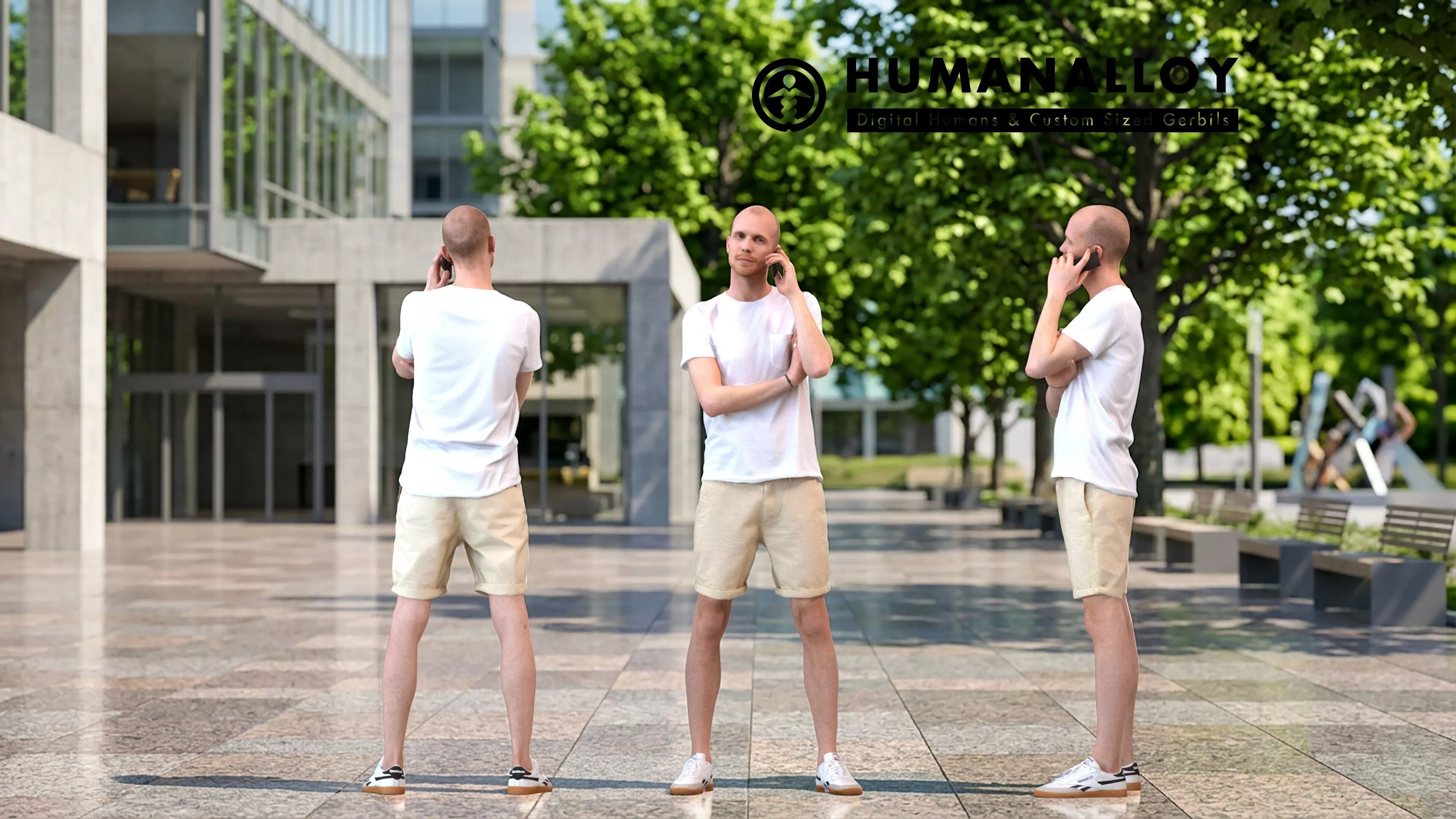 Adult Caucasian man calling on smartphone in public summer 3D model