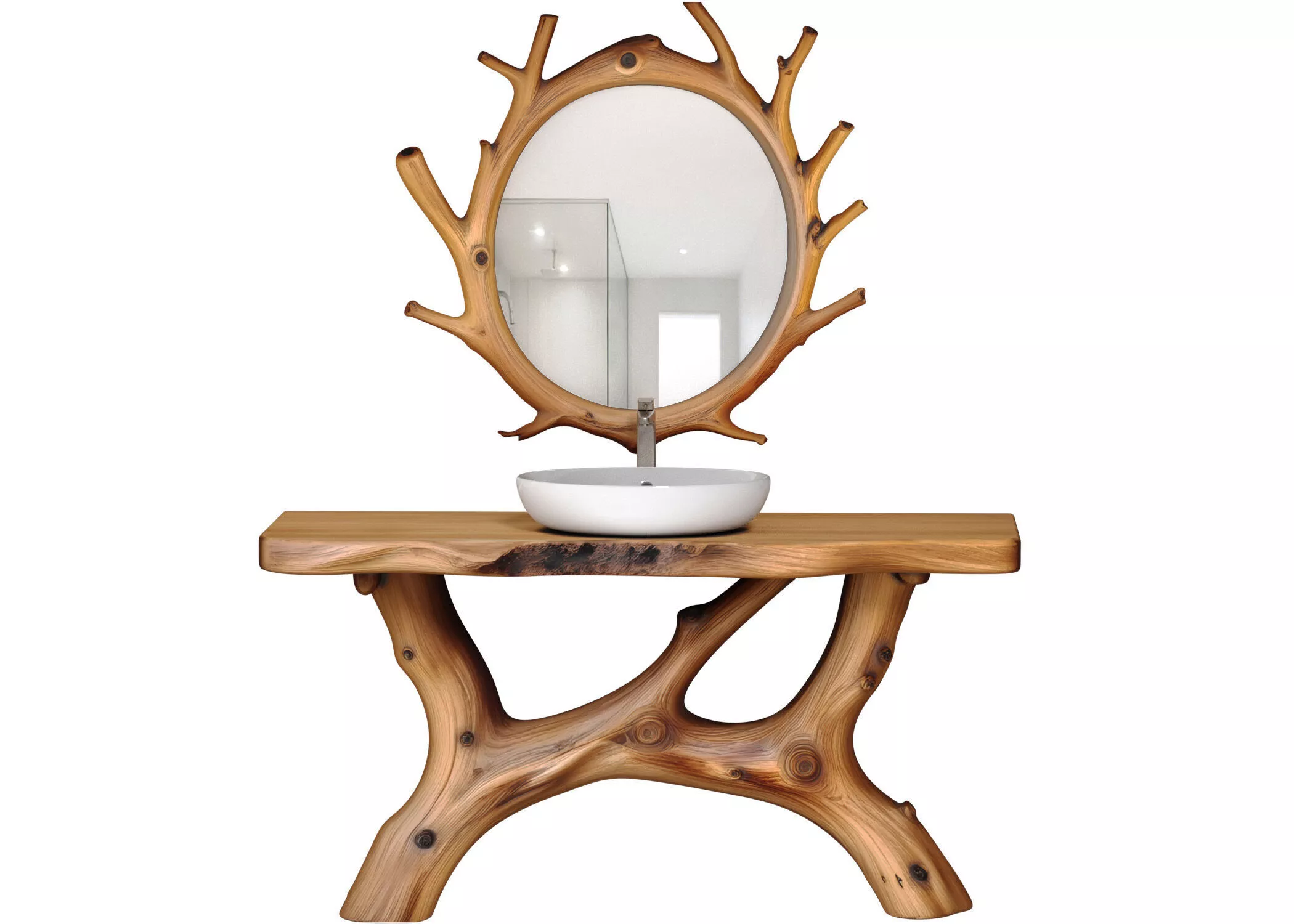 Console table made of driftwood with a sink mirror rustic style 3D model