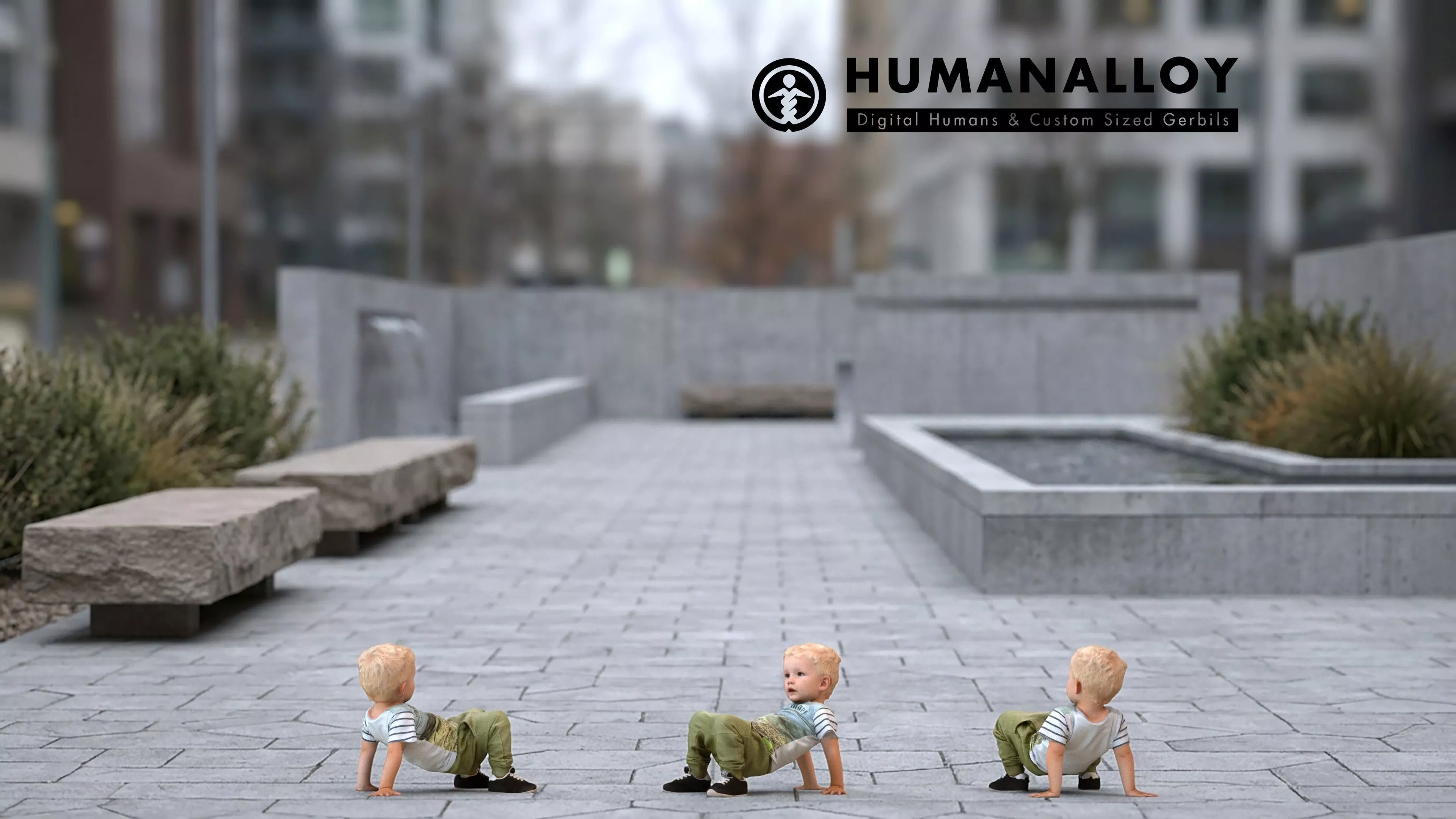 Young Caucasian boy crouching relaxed in public kids space 3D model