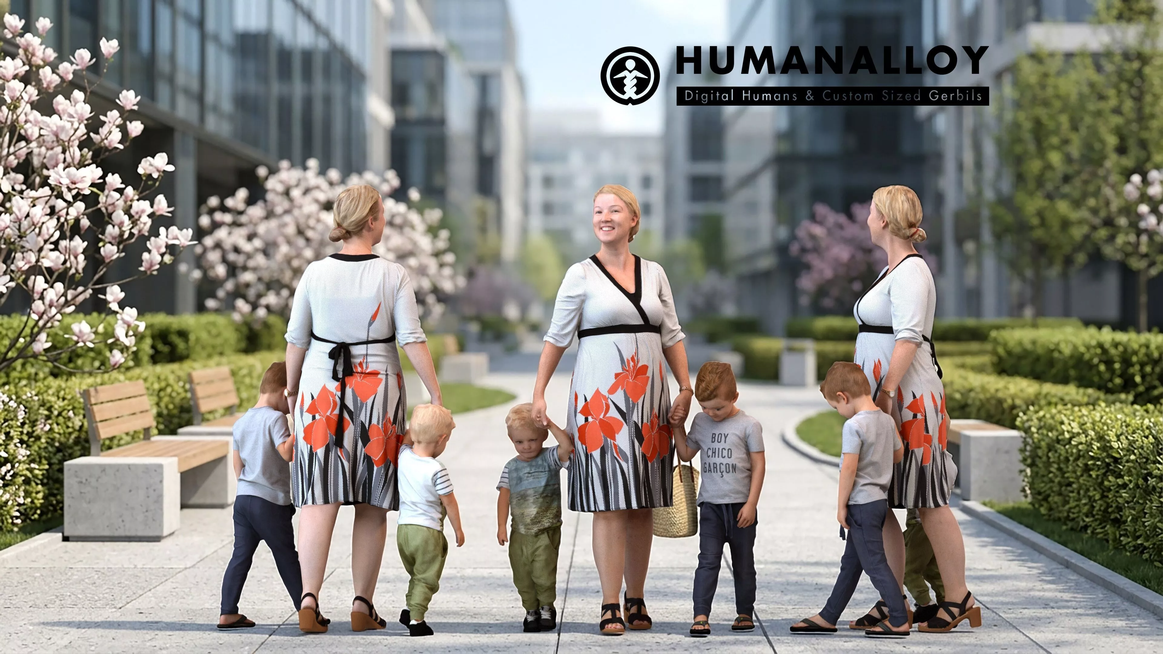Adult Caucasian people walking together in public wearing 3D model