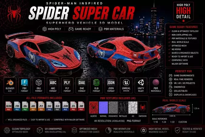 Game Ready High Poly Spider Man Classic Sports Car 3D Model