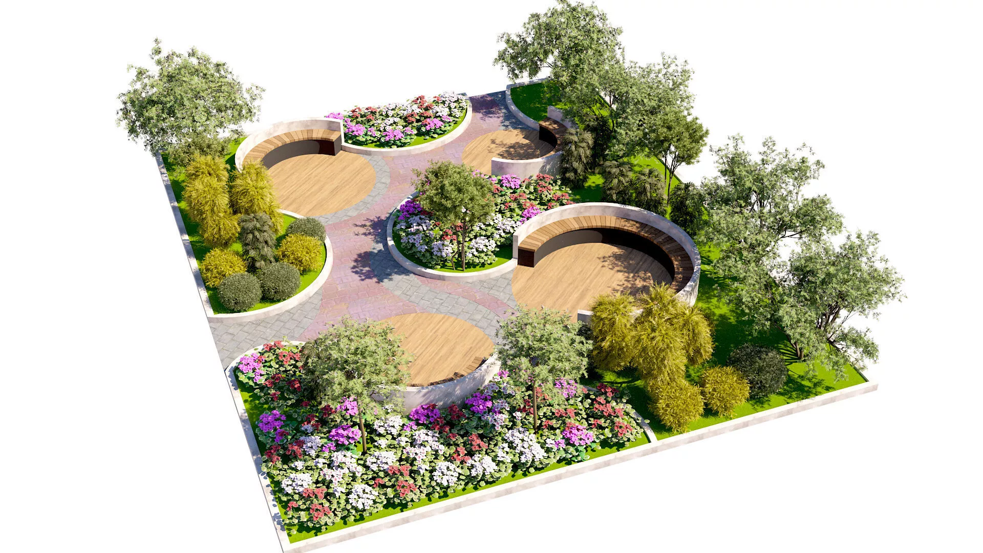 Curved Garden Courtyard with Seating Low-poly 3D model