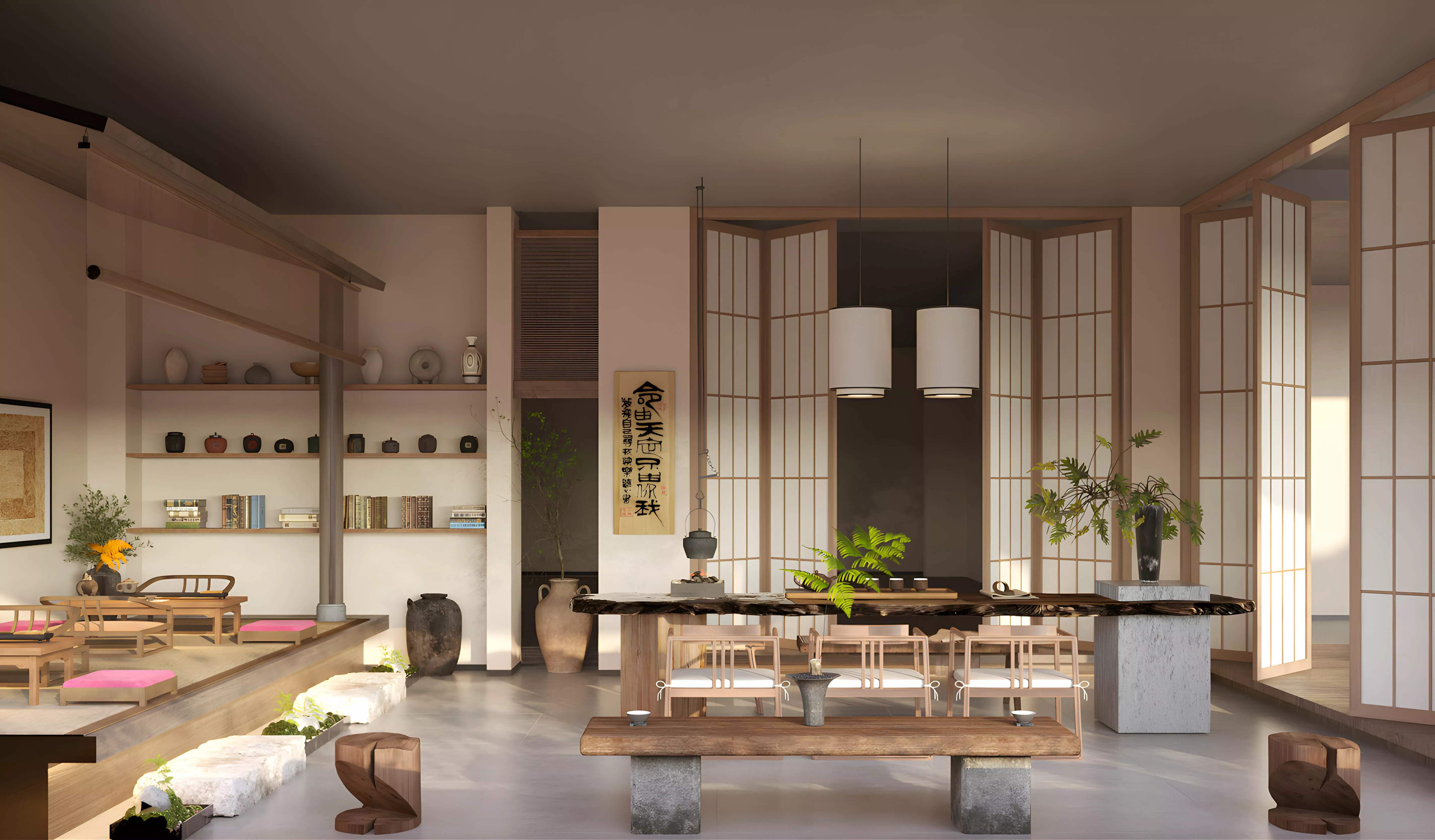 tea room interior wabi sabi set dried floral nook chinese house 3D model