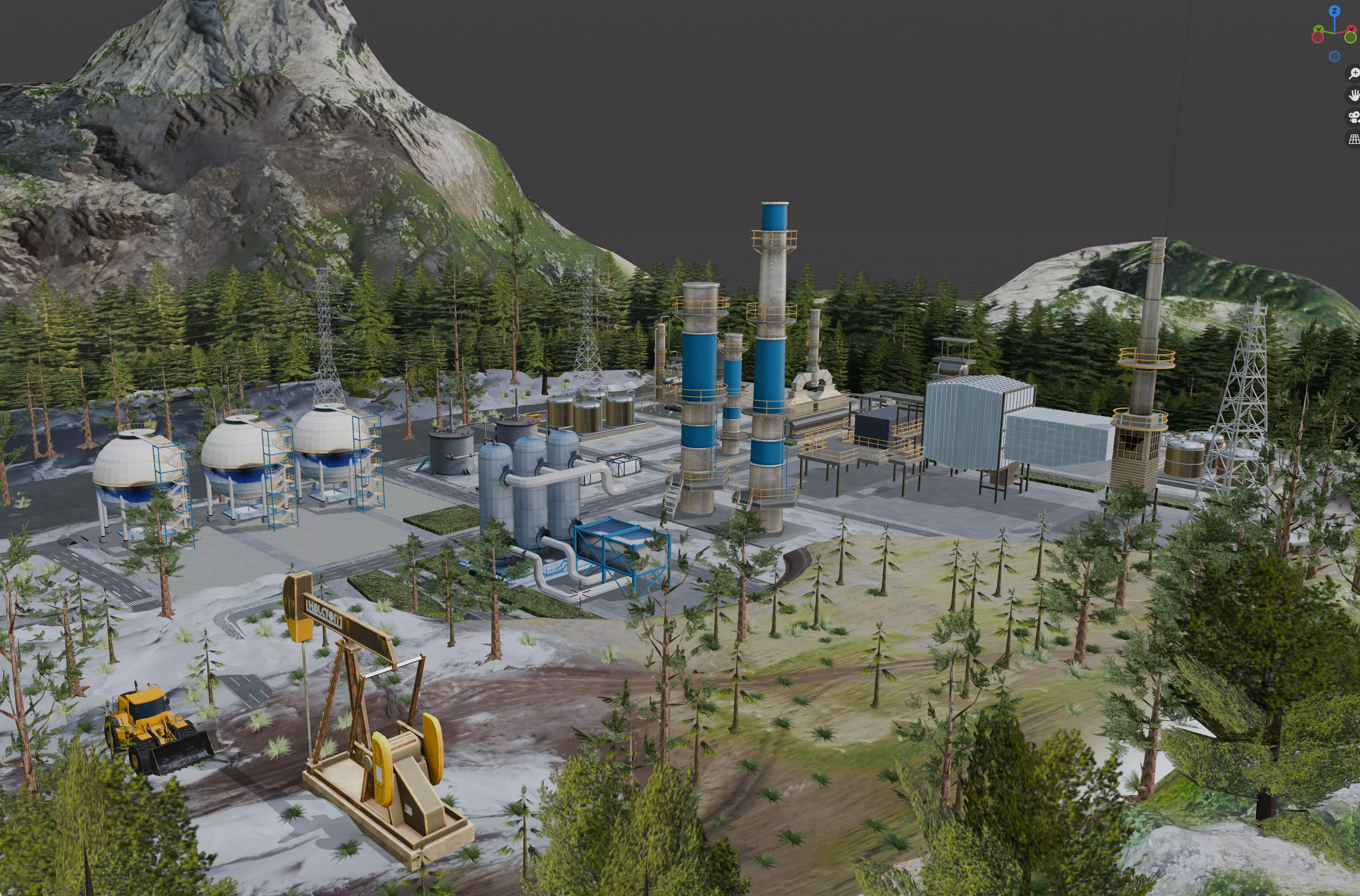 Modular Industrial Factory Environment with Mountain Landscape Low-poly 3D model