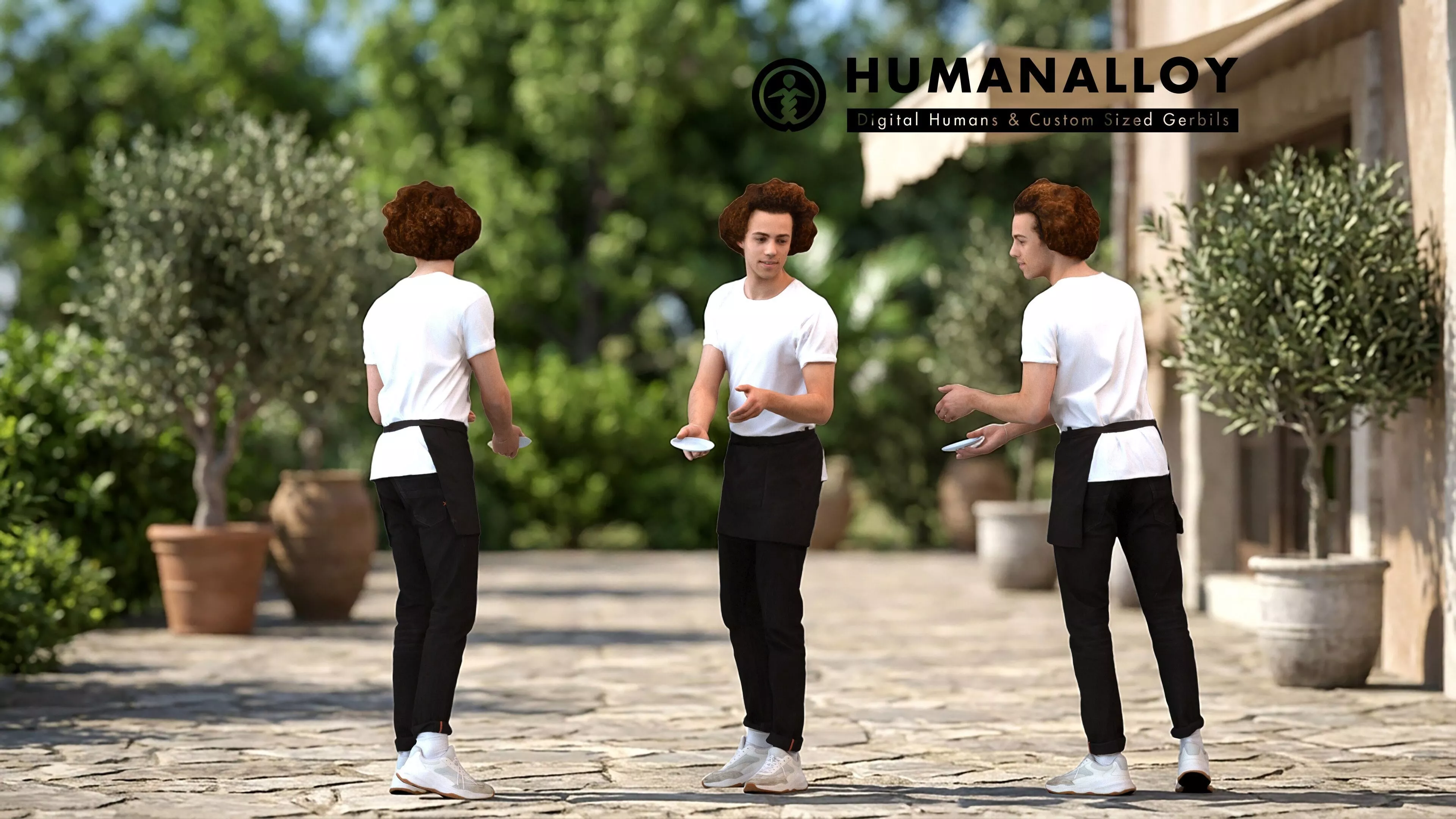 Adult Caucasian man standing with plates in summer hospitality 3D model