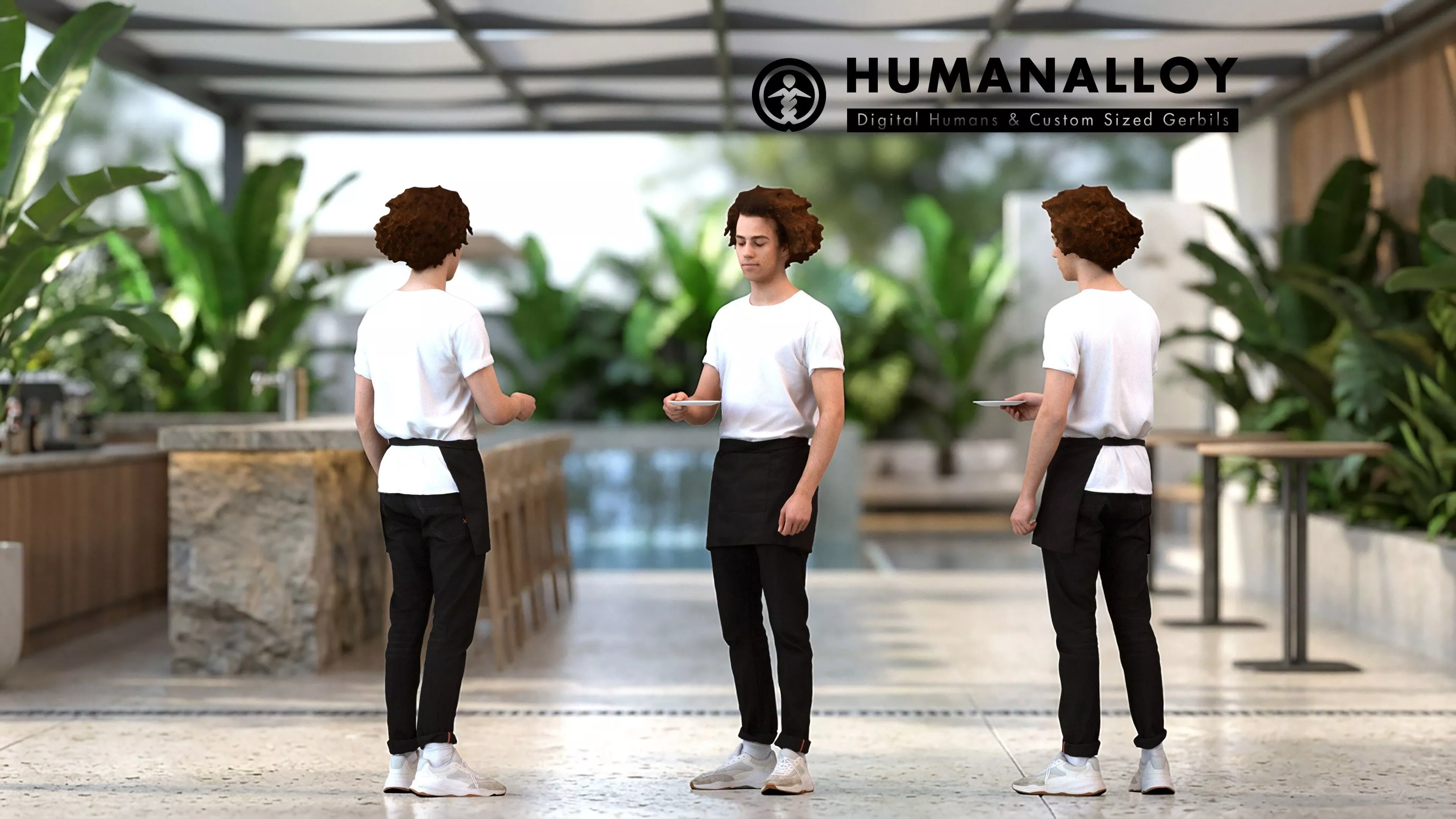 Adult Caucasian male waiting in hospitality setting wearing 3D model