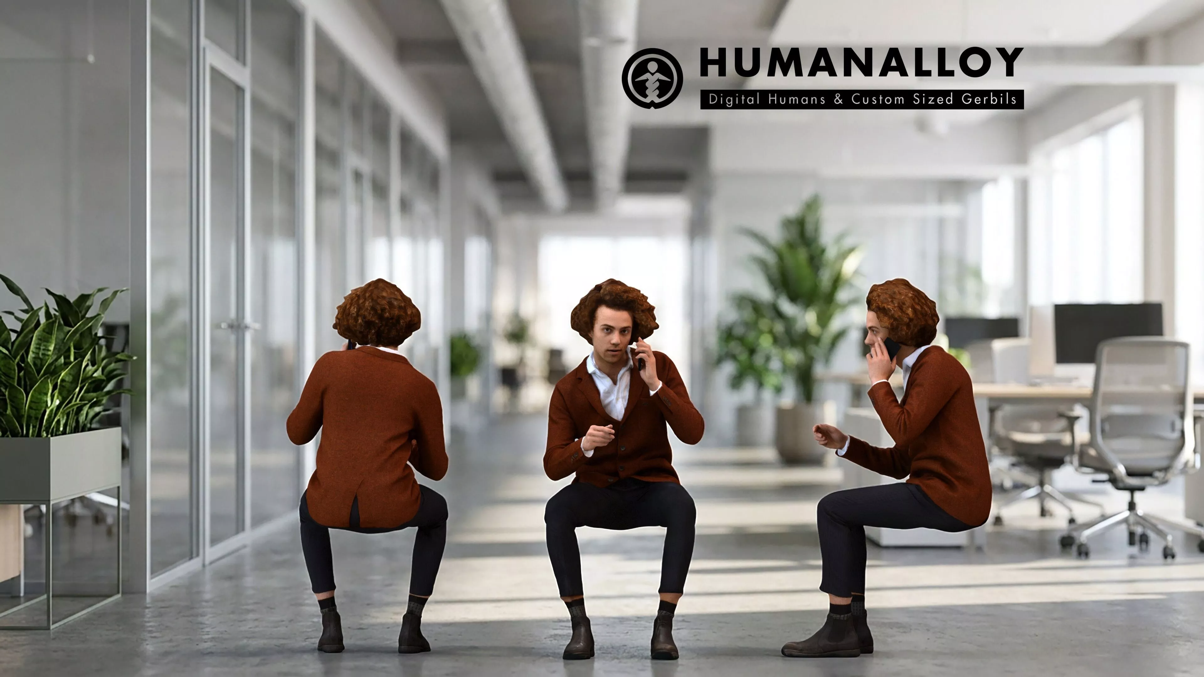 Adult Caucasian male making phone call in office wearing 3D model