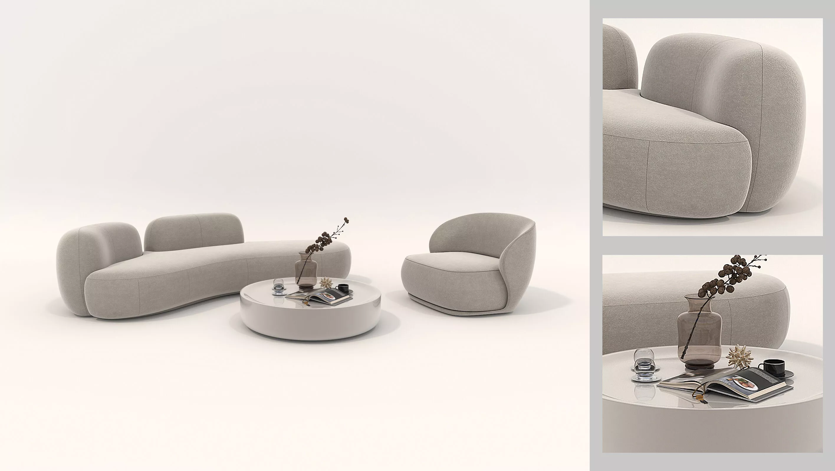 Contemporary Curved Sofa Set with Round Coffee Table 3D model