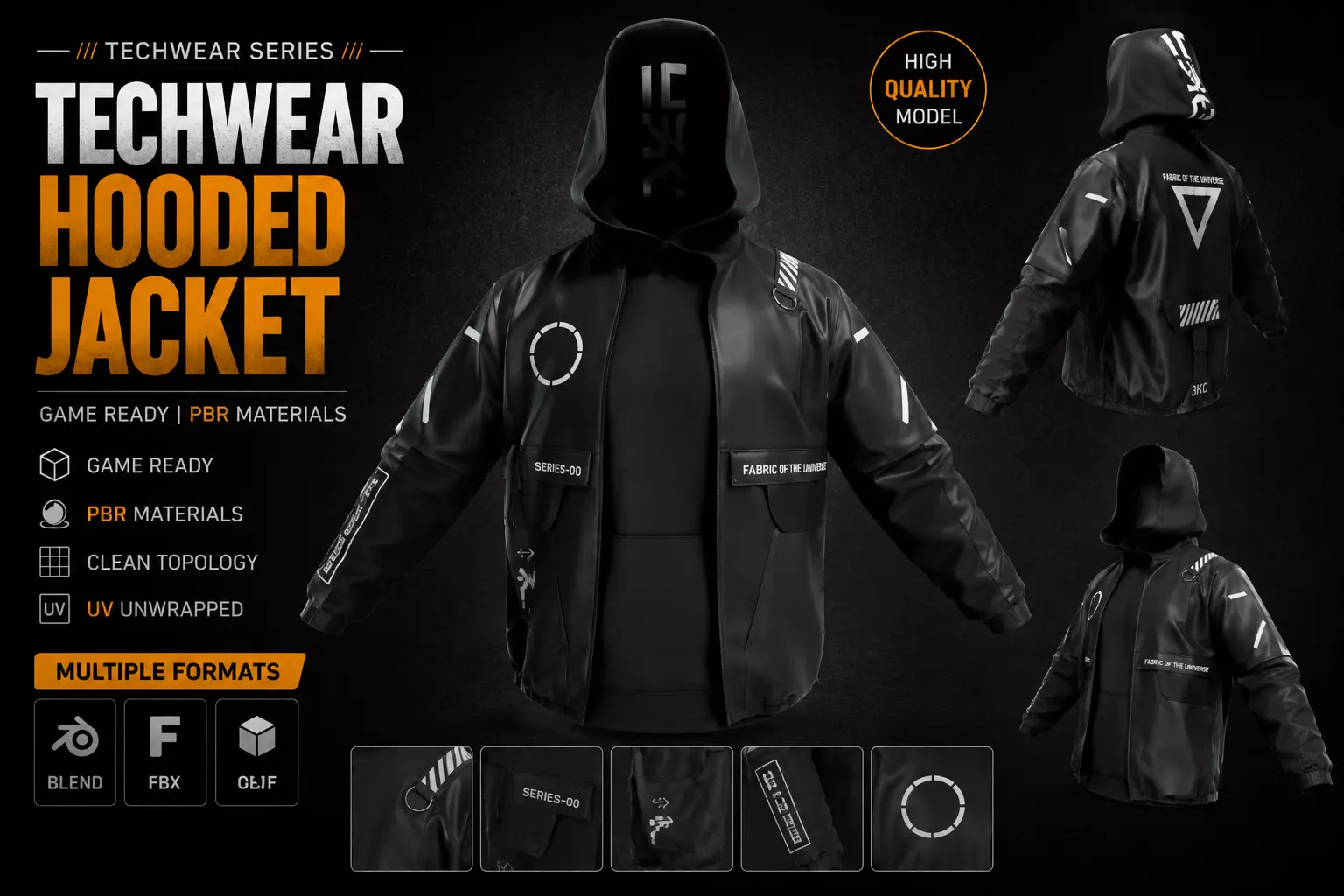 Game Ready Techwear Hooded Jacket PBR Low-poly 3D model