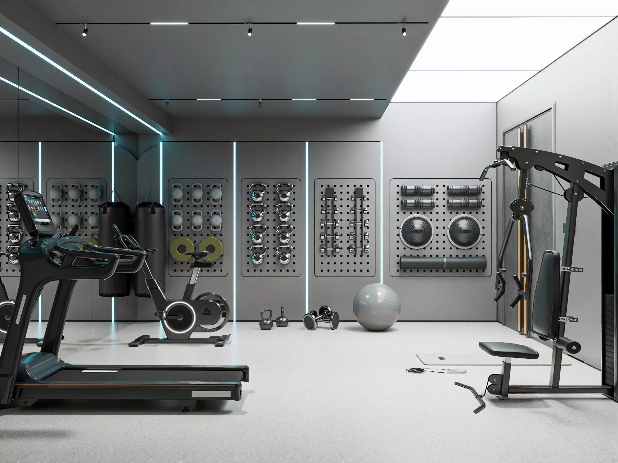 Private Workout Room Treadmill Spinning Bike Weight Asset 3D model