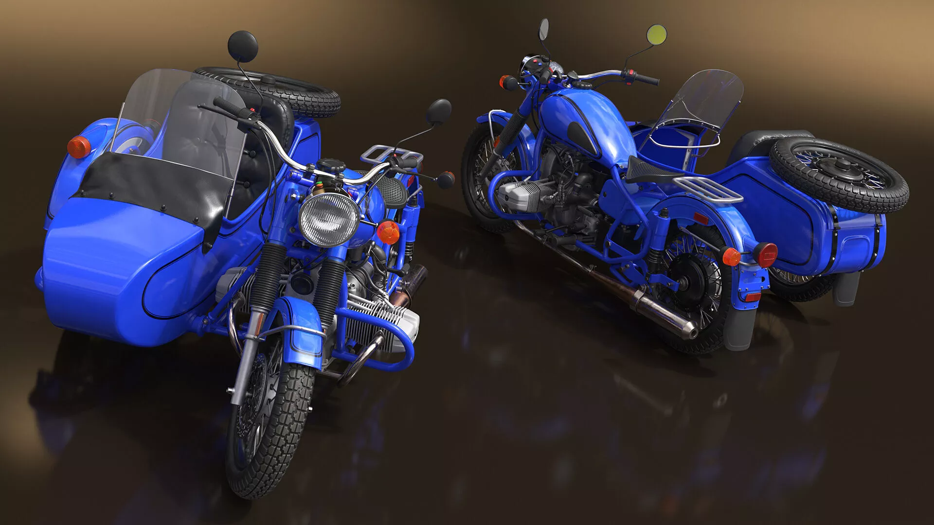 Retro Classic Blue Motorcycle with Sidecar Rigged for Maya 3D model