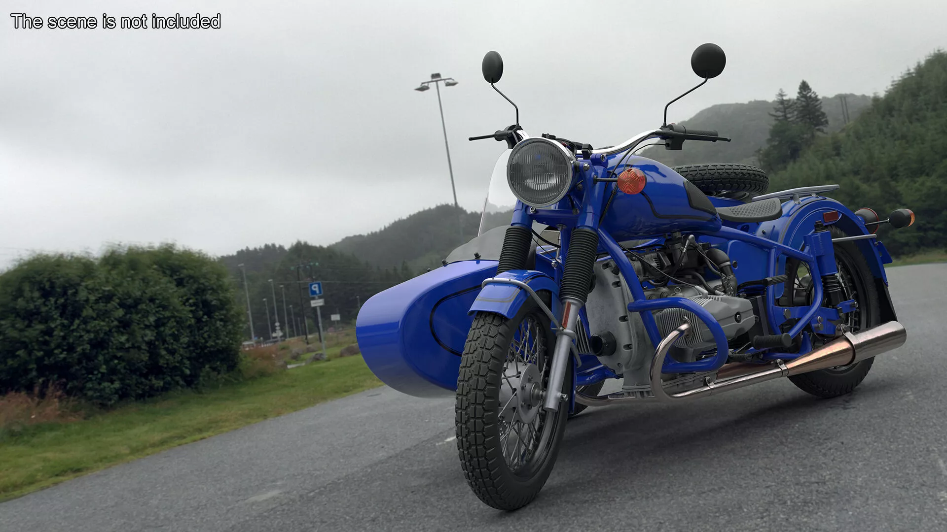 Retro Classic Blue Motorcycle with Sidecar Rigged for Cinema 4D 3D model