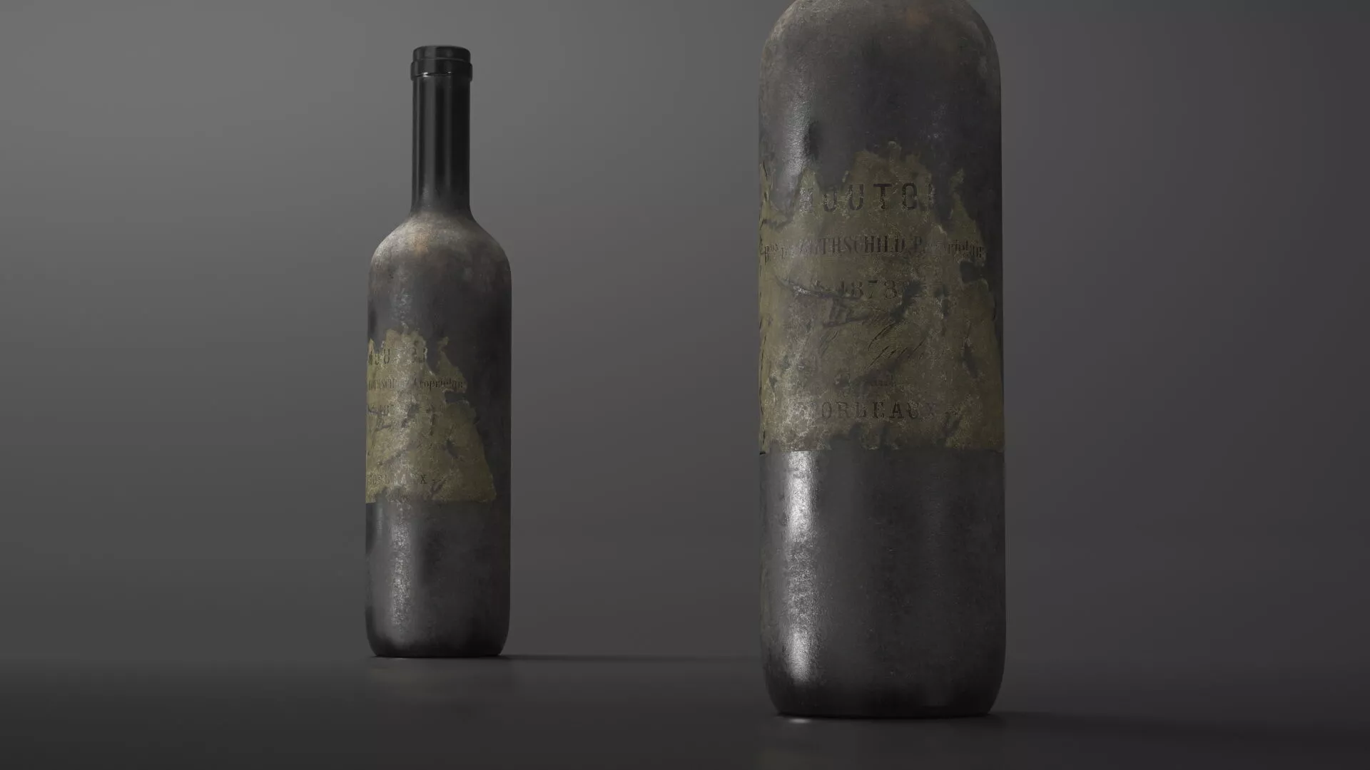 Old Opened Bordeaux Wine Bottle with Worn Label 3D model