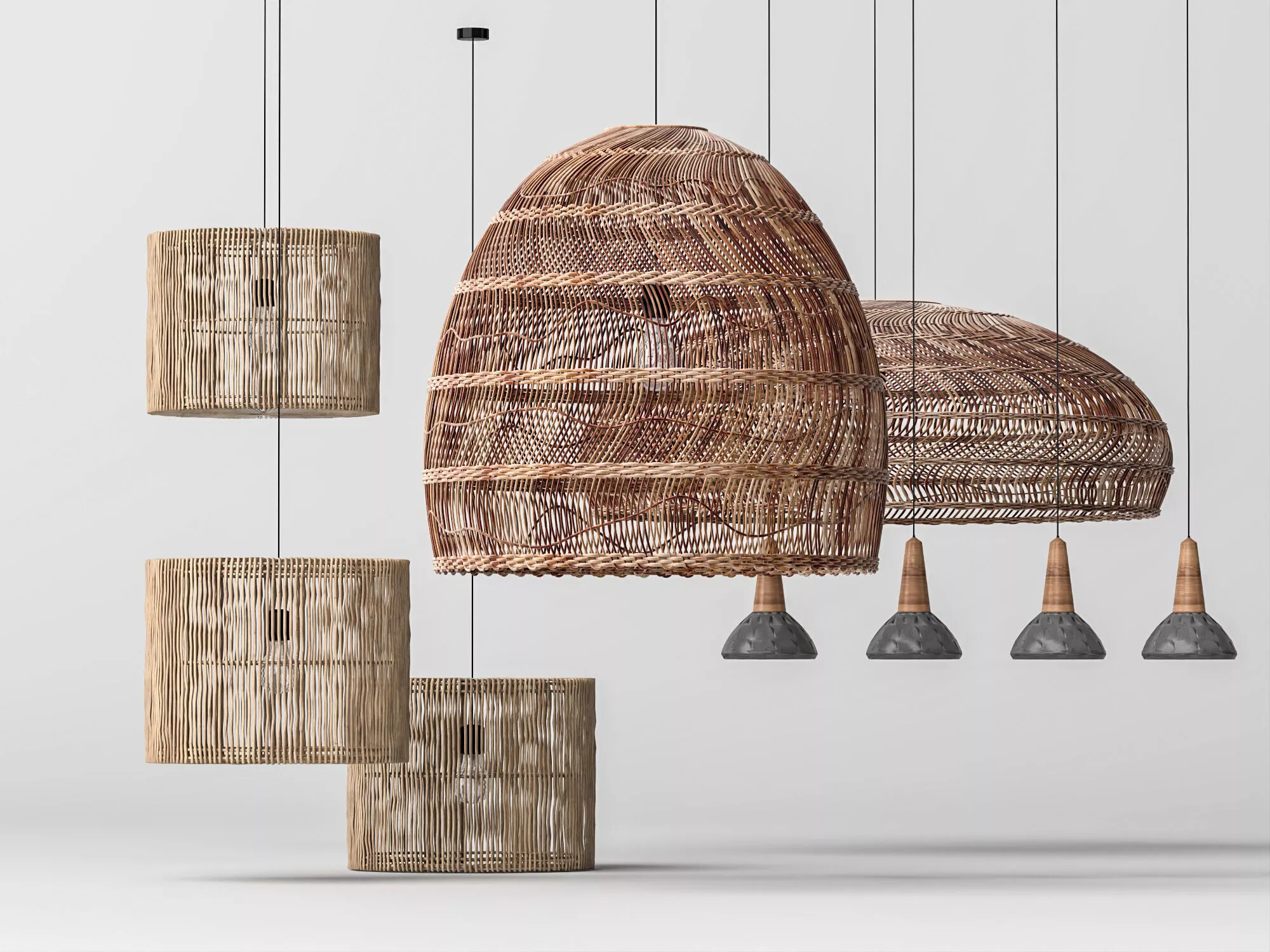 Boho Rattan Hanging Lamp Concrete Shade Pendant Light Asset 3D model