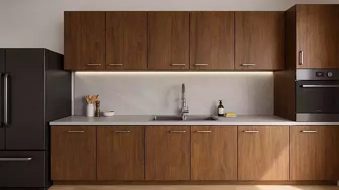 Modern Walnut Kitchen Cabinet Set - Revit 3D Model