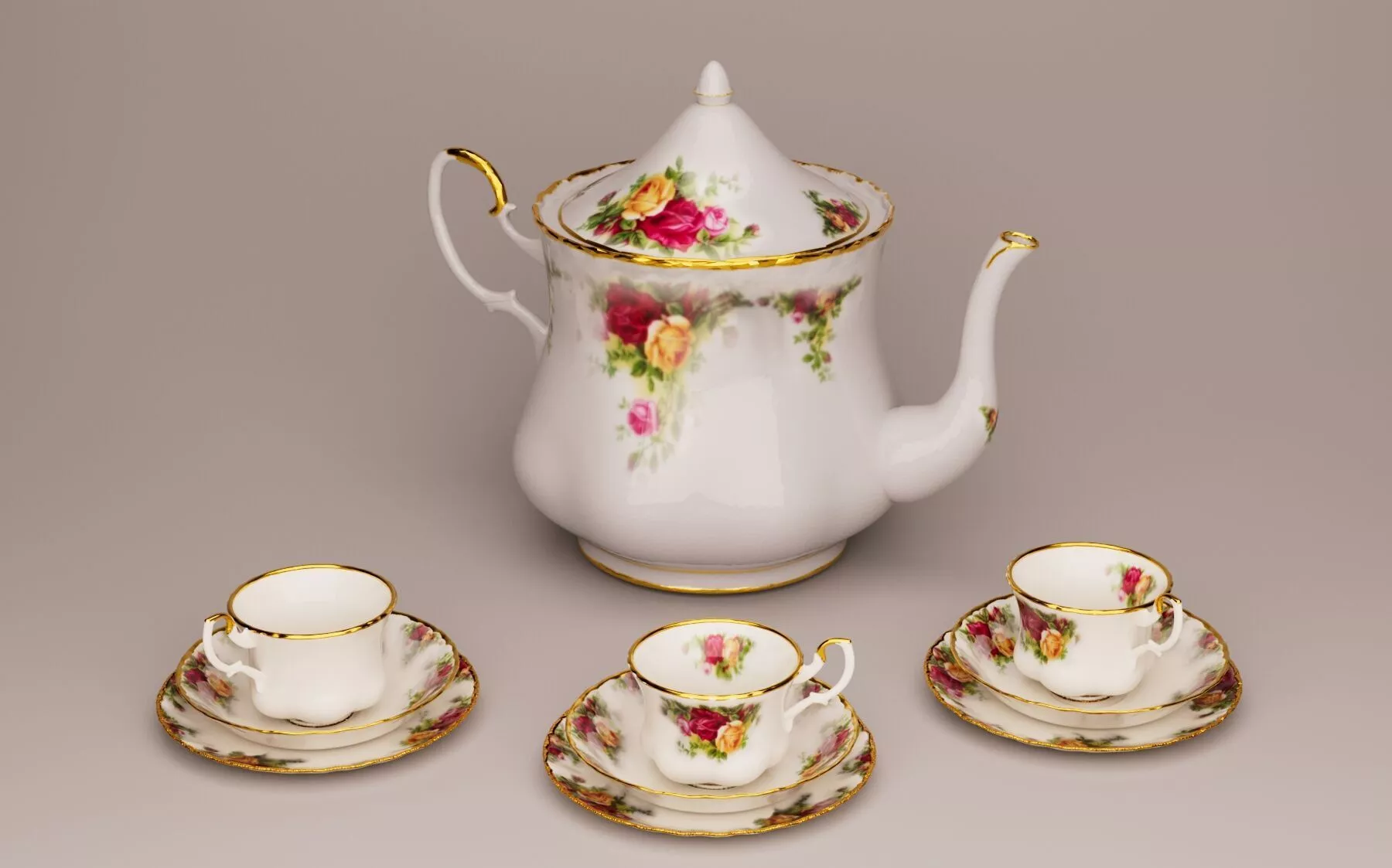 Vintage Porcelain Tea Set - Royal Albert Old Country Roses Style 3D model