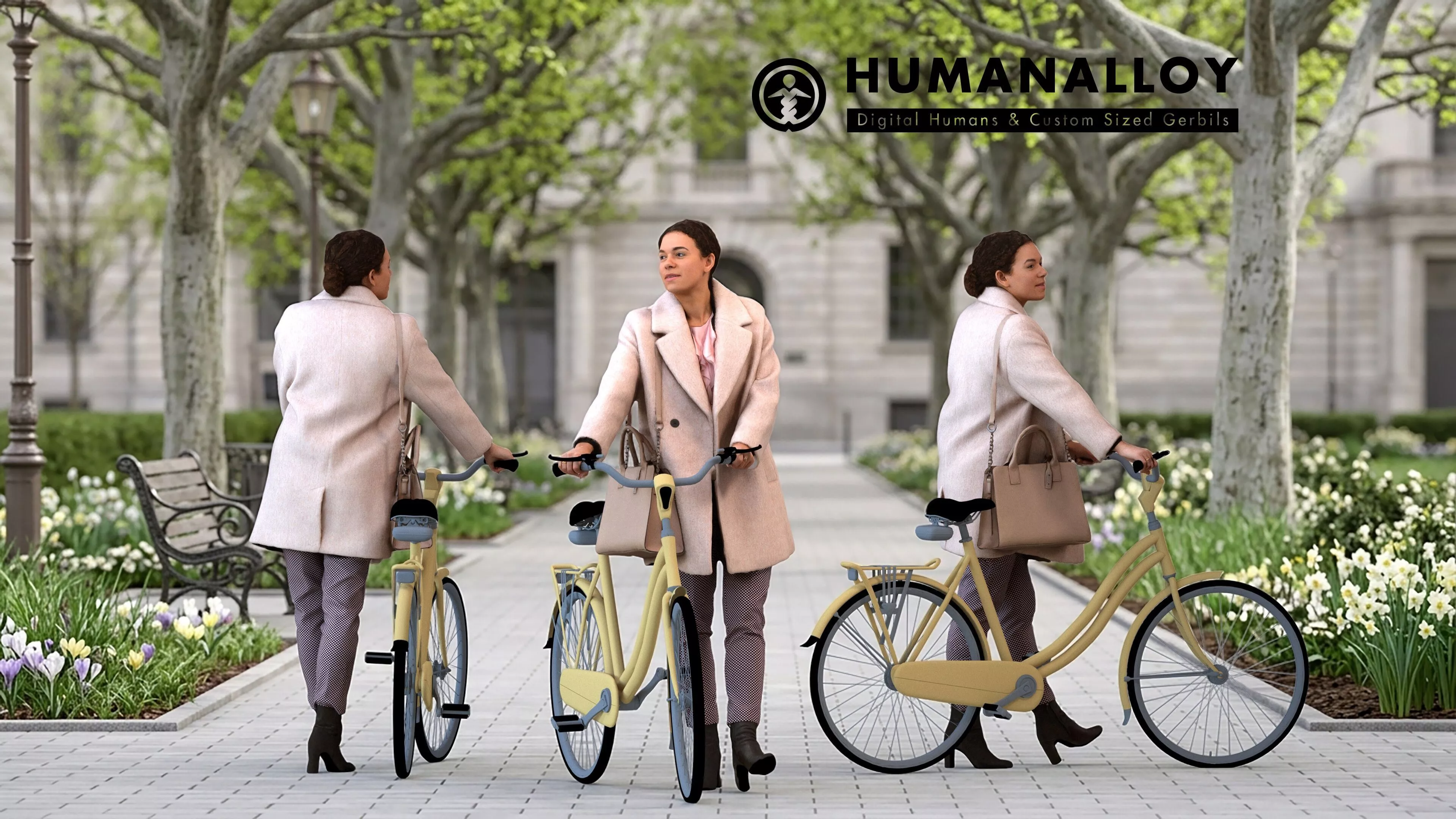 Adult Black woman commuting with bicycle and bag in 3D model