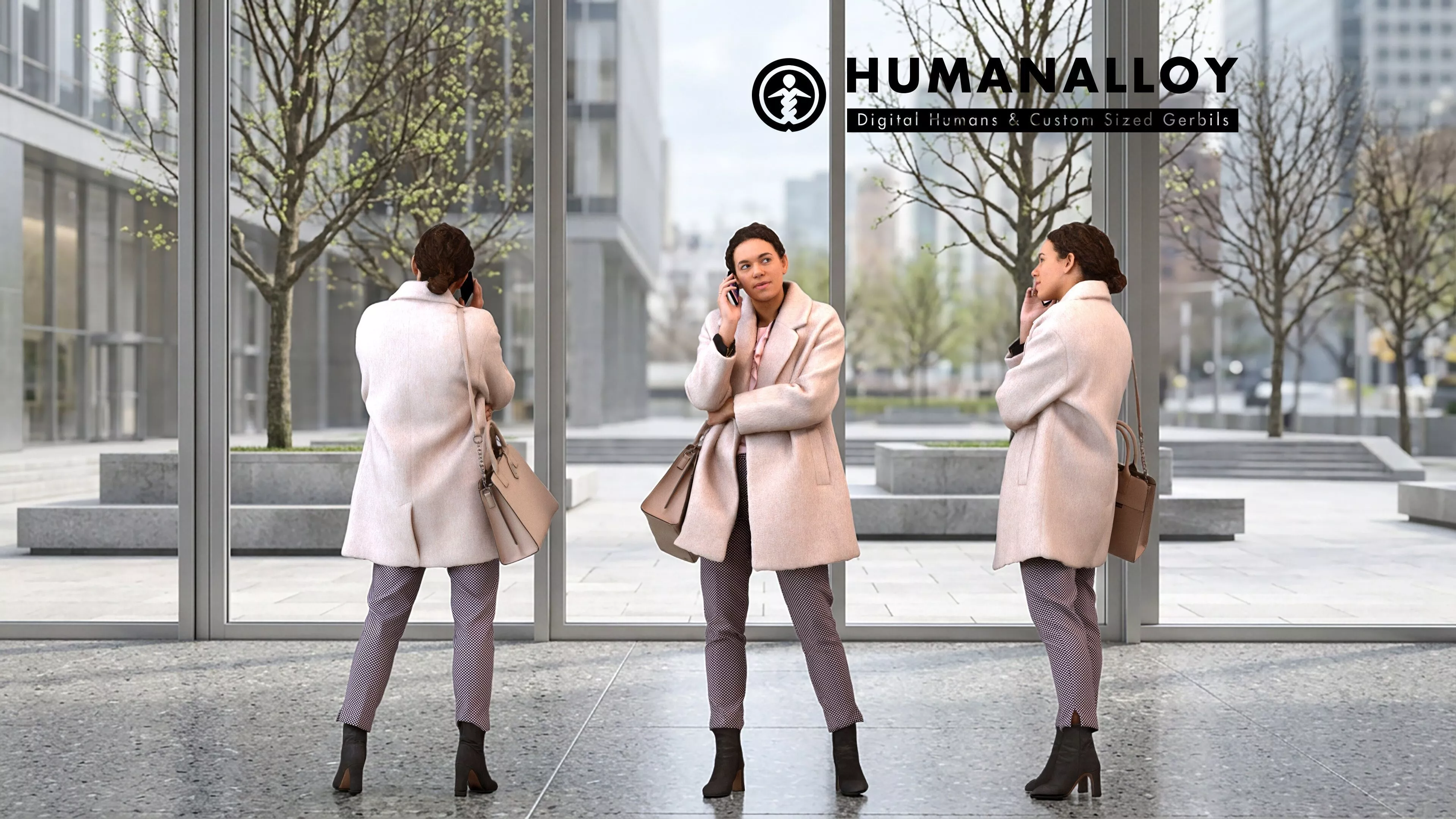 Adult Black woman calling on smartphone in business attire with 3D model