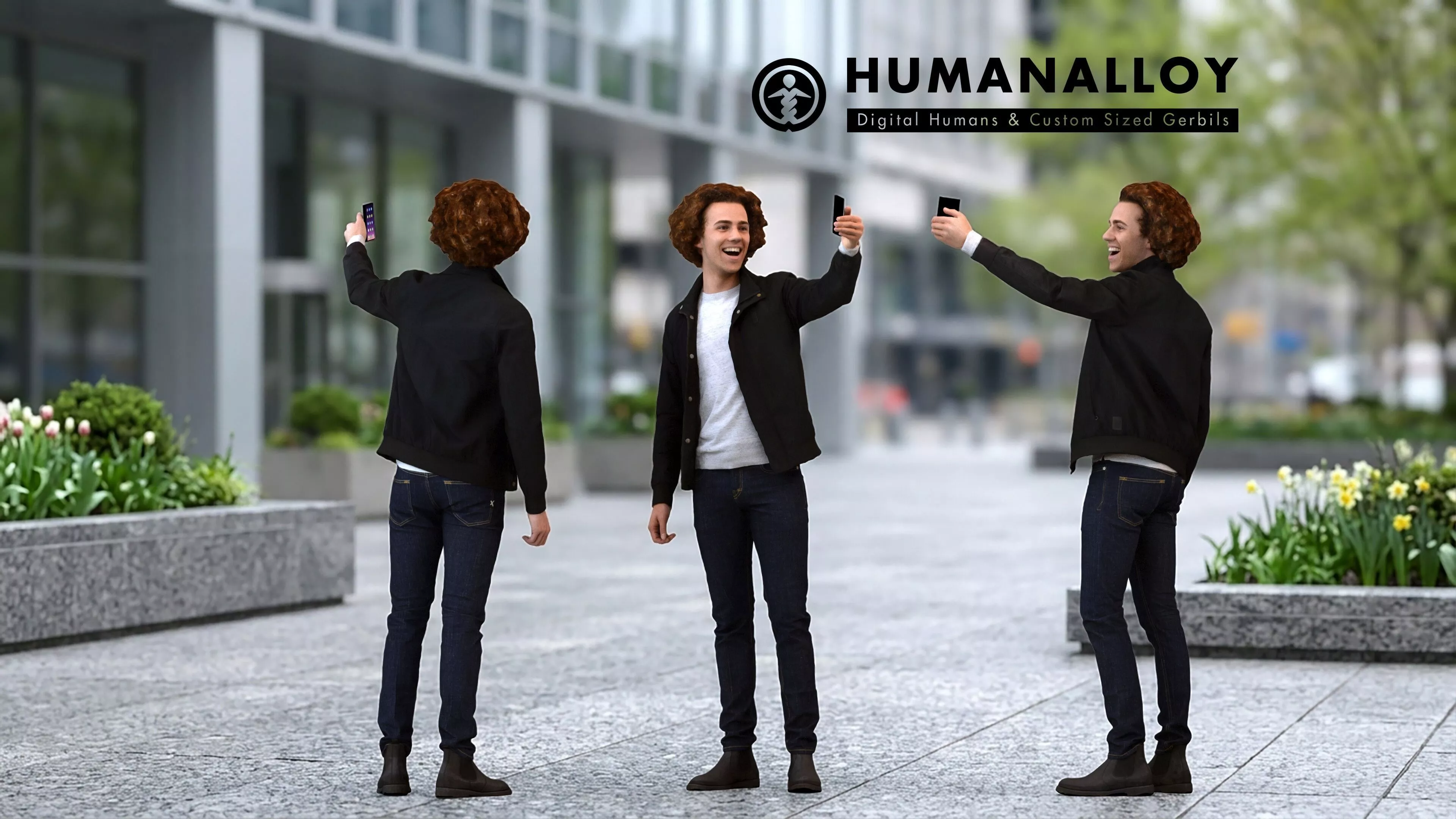 Adult Caucasian man taking photo with smartphone in 3D model