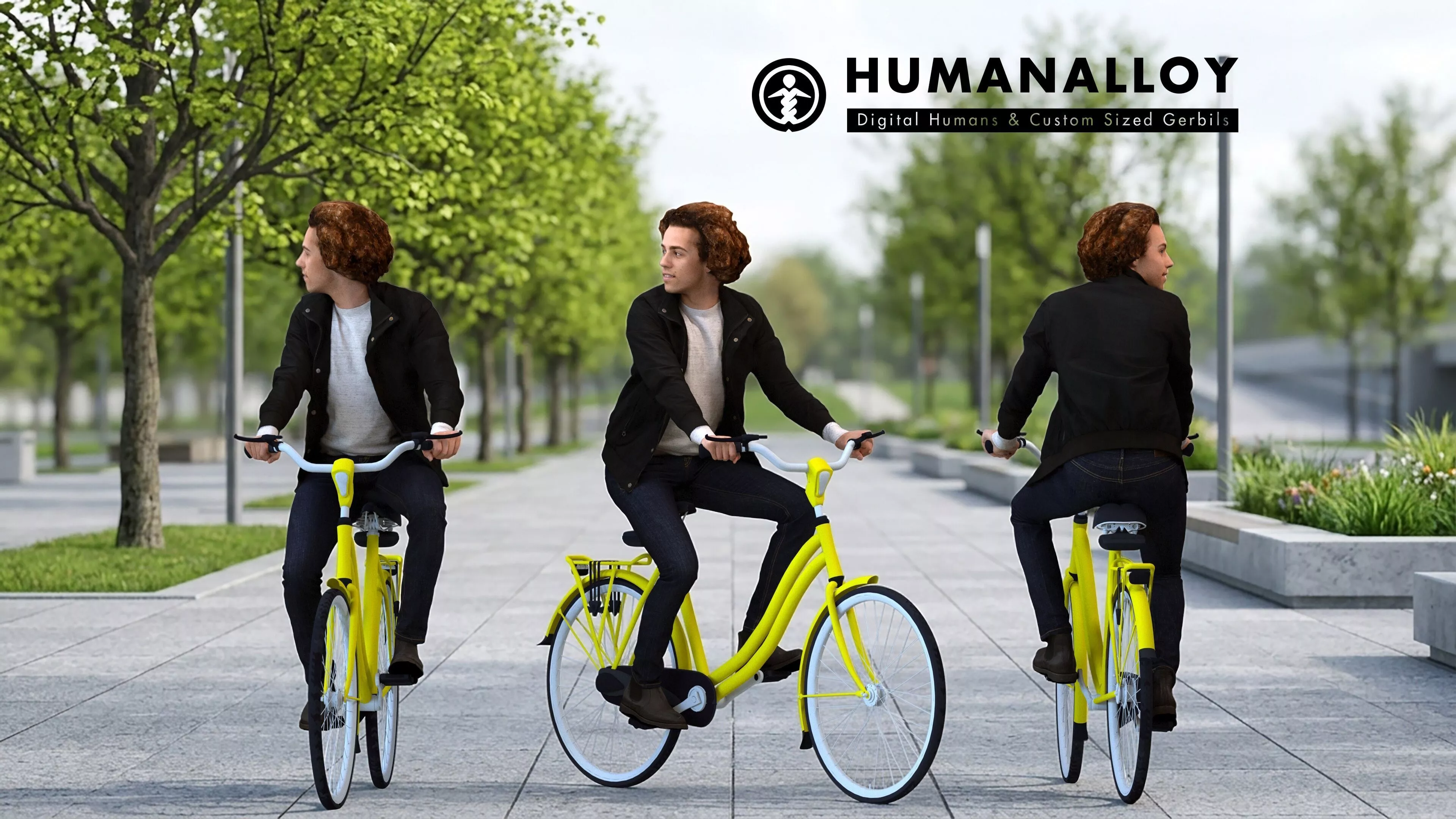 Adult Caucasian man cycling through public space in 3D model