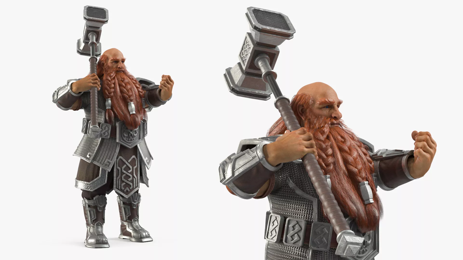 Dwarf Fighter in Chainmail with Hammer Rigged for Cinema 4D 3D model