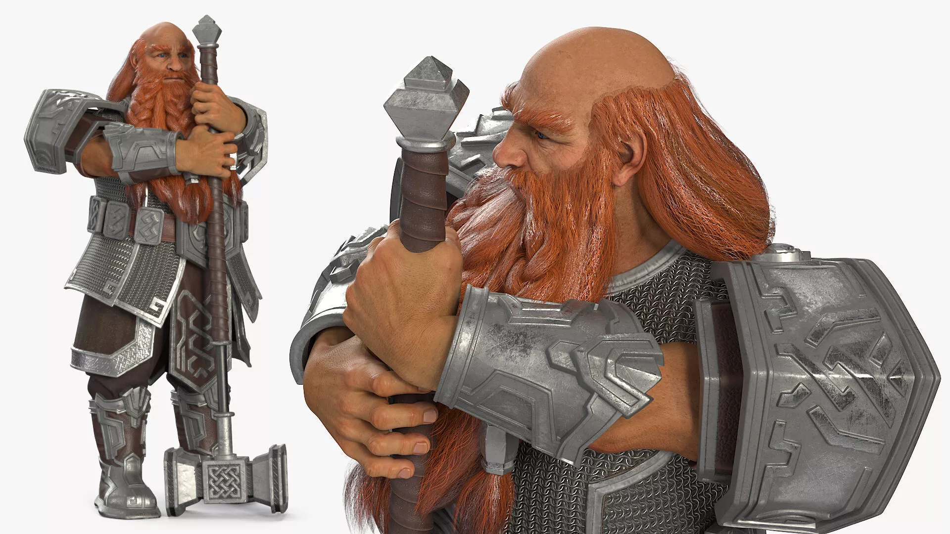 Dwarf Fighter in Chainmail with Hammer Rigged for Maya 3D model