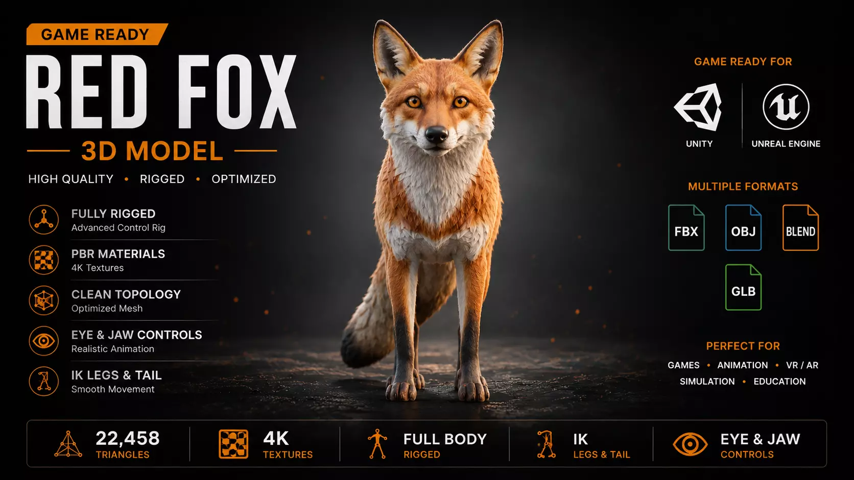 Realistic Red Fox 3D Model Low-poly 3D model