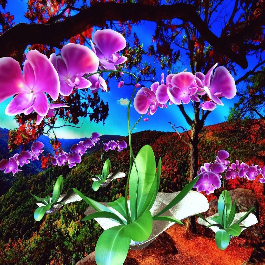 ORCHID PLANT FLOWER GARDEN FOREST LEAVES BRANCHES GRASS 3D print model