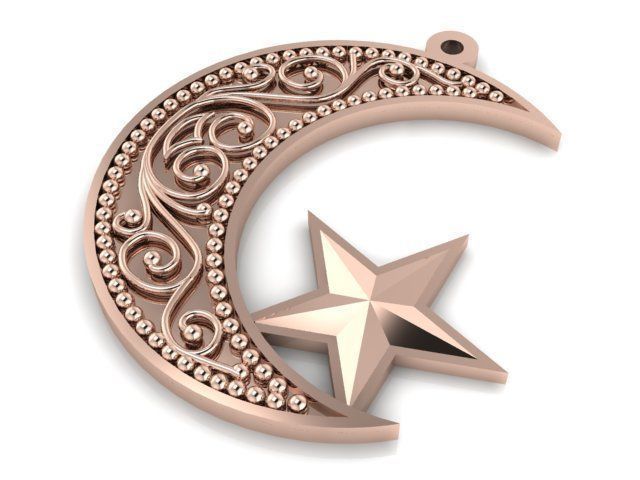 Pendant gold crescent with star 3D print model_1