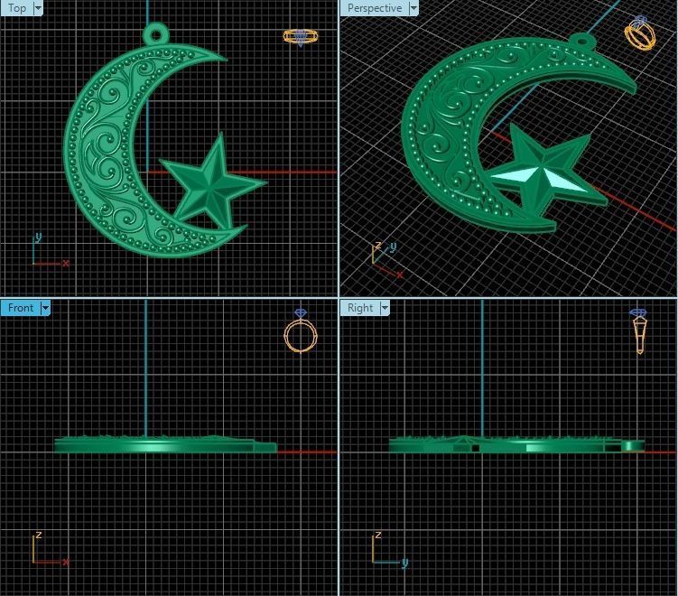 Pendant gold crescent with star 3D print model_2