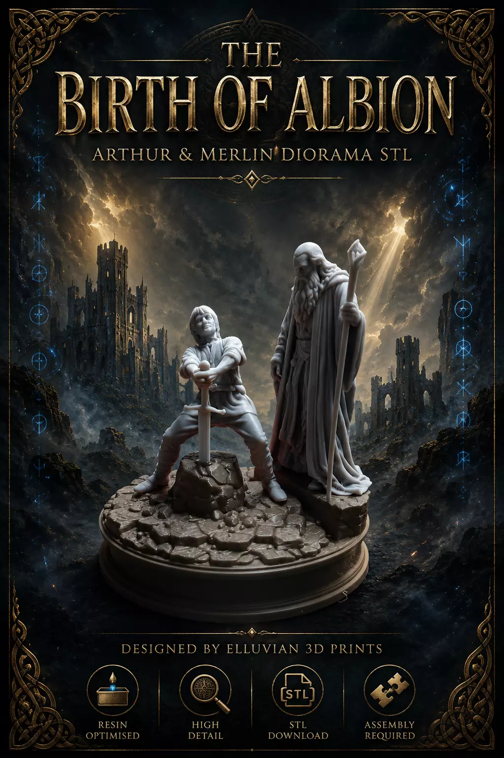 The Birth of Albion Arthur and Merlin Diorama STL 3D print model