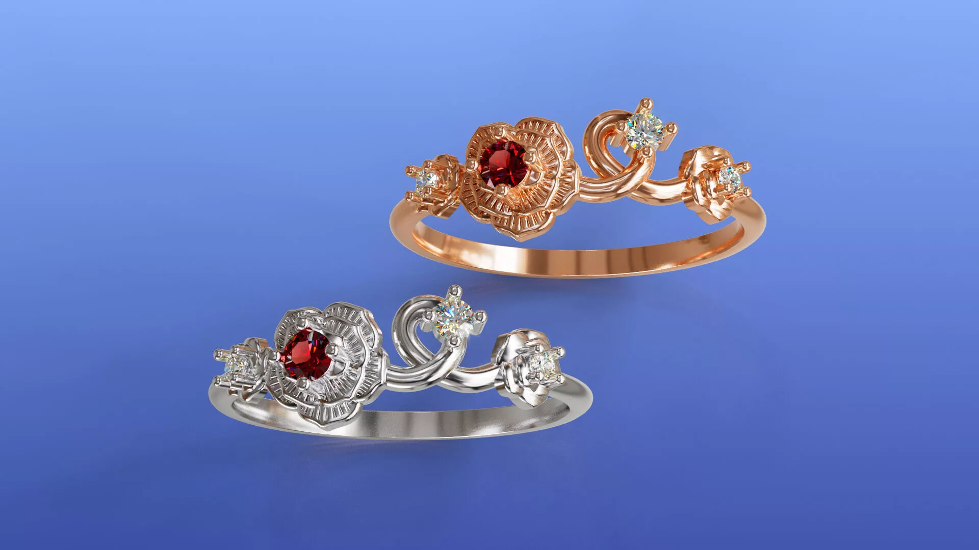 Blooming Rose Diamond Ring Floral Vine Engagement Stacking Ring 3D print model