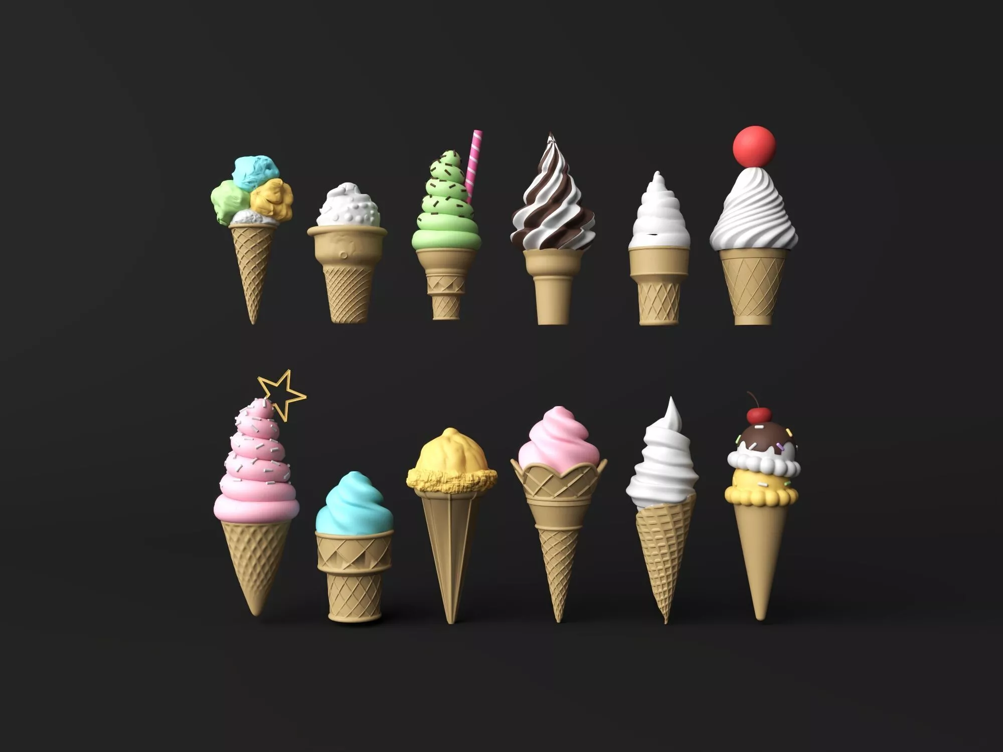 Ice Cream Cones Soft Serve Collection Low-poly 3D model